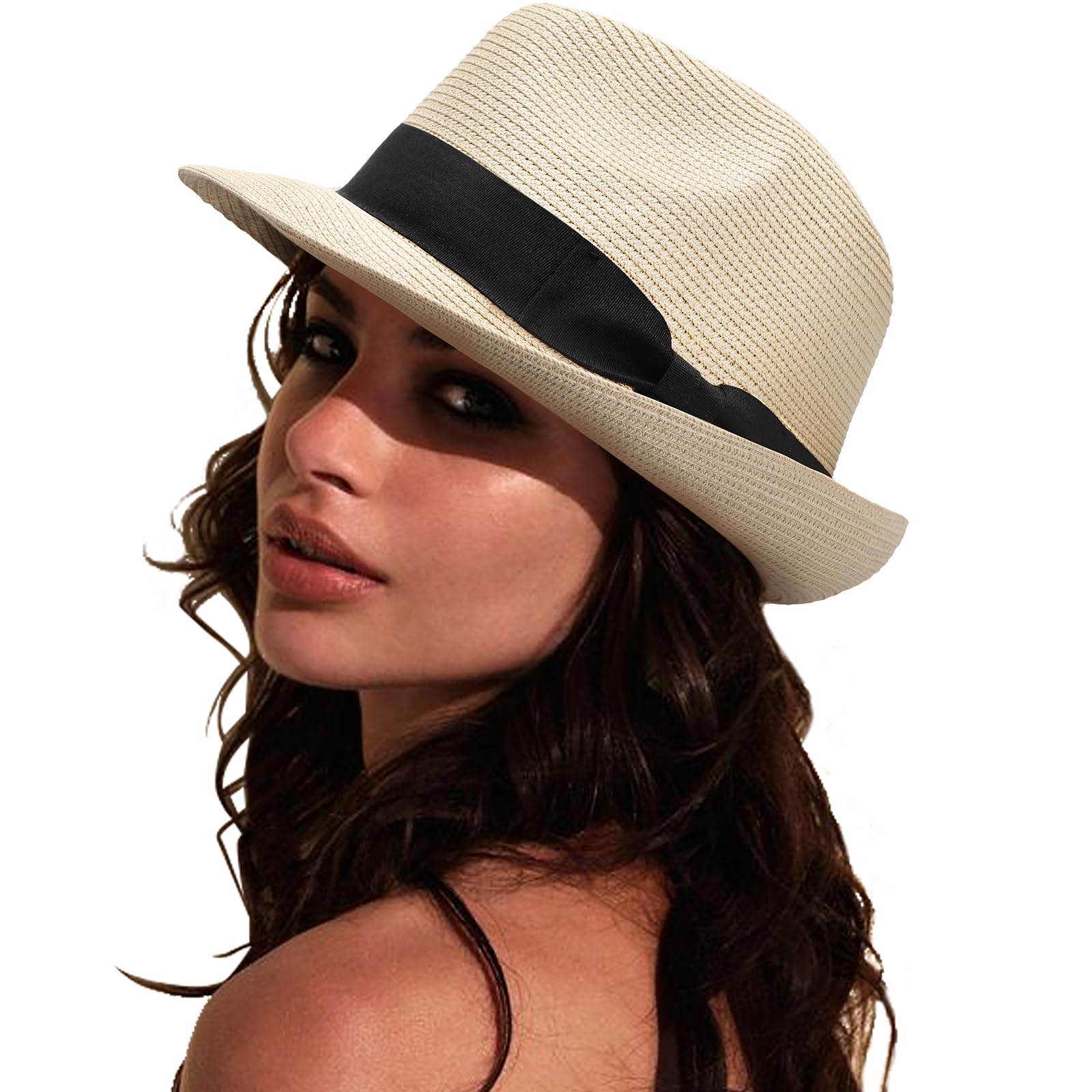 DRESHOW Women Straw Panama Hat Fedora Beach Sun Hat Short Brim Roll up Cap UPF 50+