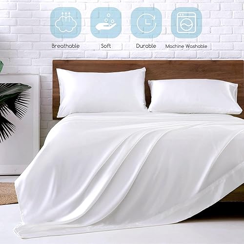Miniatura 6 de MR&HM - Sábanas de satén para cama tamaño Queen, juego de ropa de cama sedosa de 4 piezas con esquinas tipo bolsillos profundos para colchón de 15