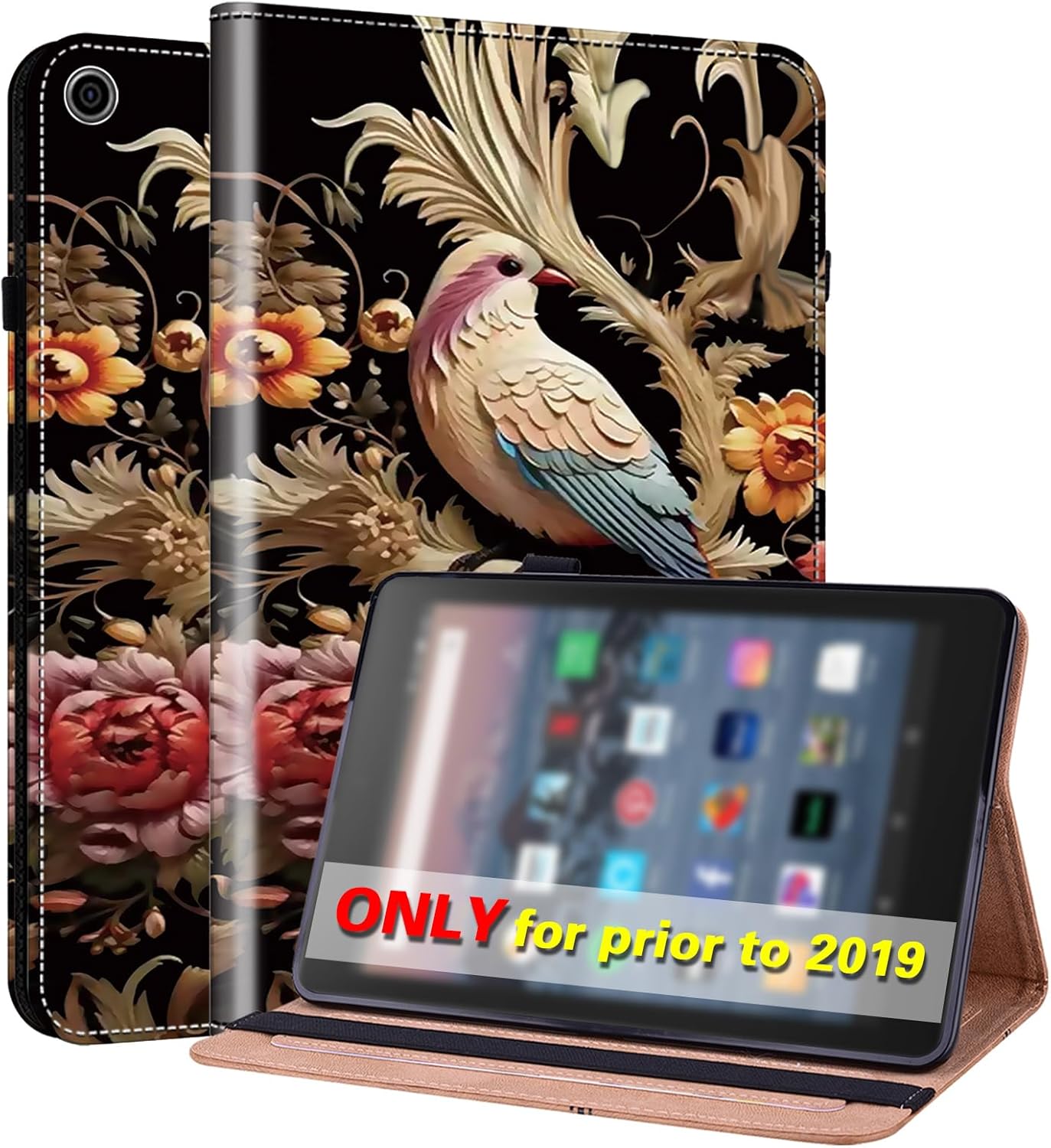 for Kindle Fire HD 10 Case 9th/7th/5th Generation 10.1 Inch (2019/2017/2015),PU Leather Folio Wallet Shockproof Cover with Pencil Holder Elastic Band 10.1" - Flower Birds