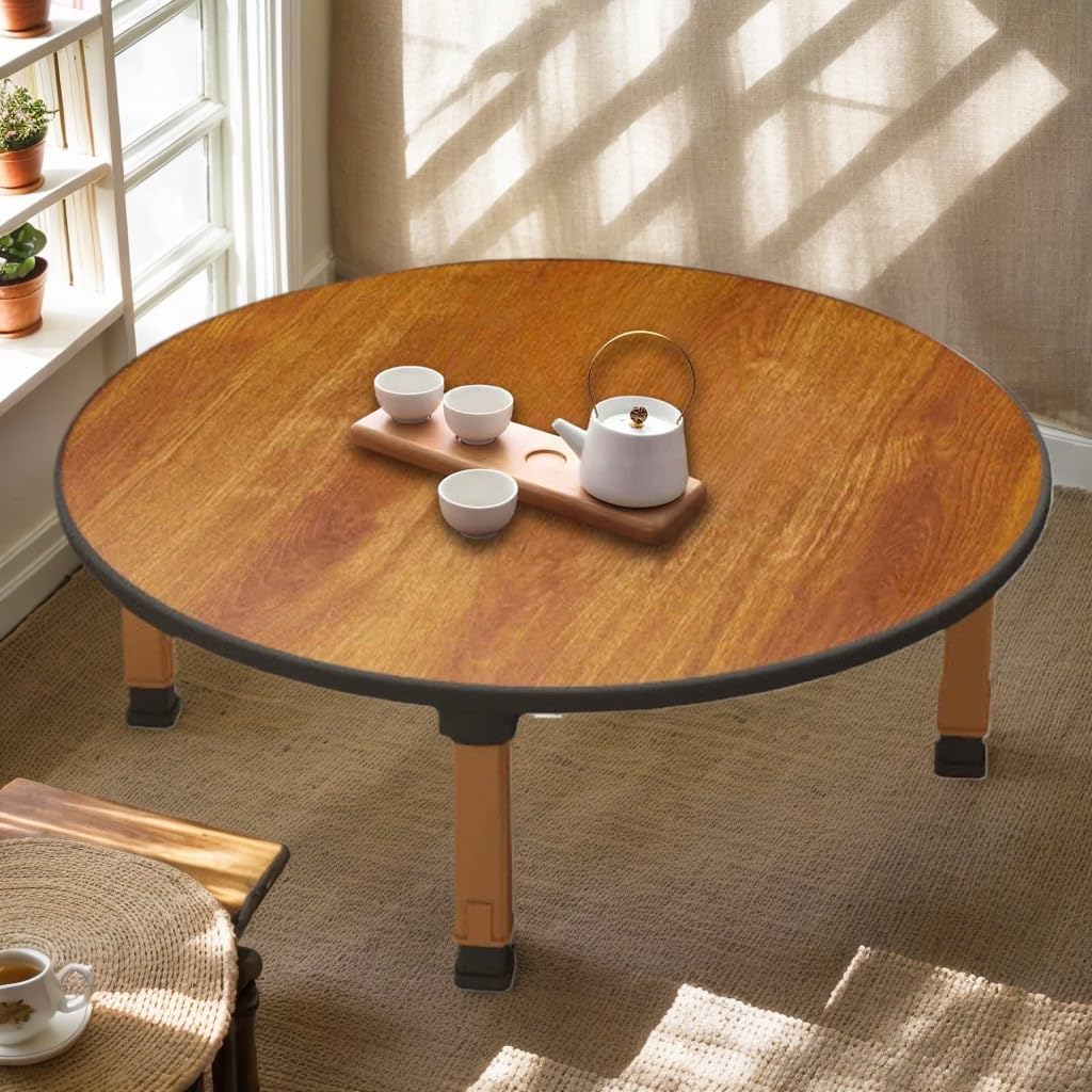 28in Portable Folding Round Coffee Table - Korean Style Low Floor Table, Foldable Small Desk for Living Room & Picnic, Lightweight & Easy to Store