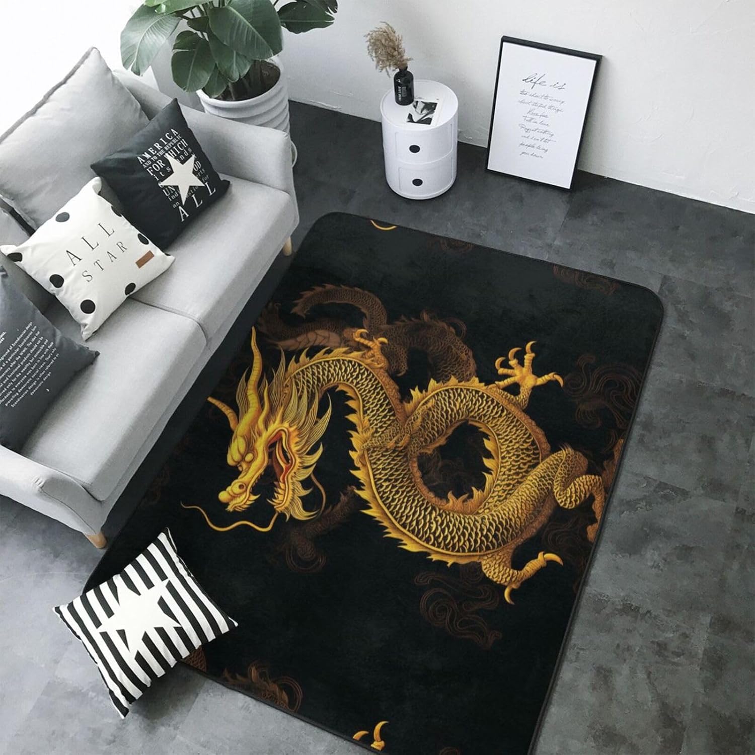 Flannel Non-Slip (Chinese Golden Yellow Dragon) Rug Pad 80×50in Soft Washable Protective for Hardwood Floors Bedroom Bathroom Living Room