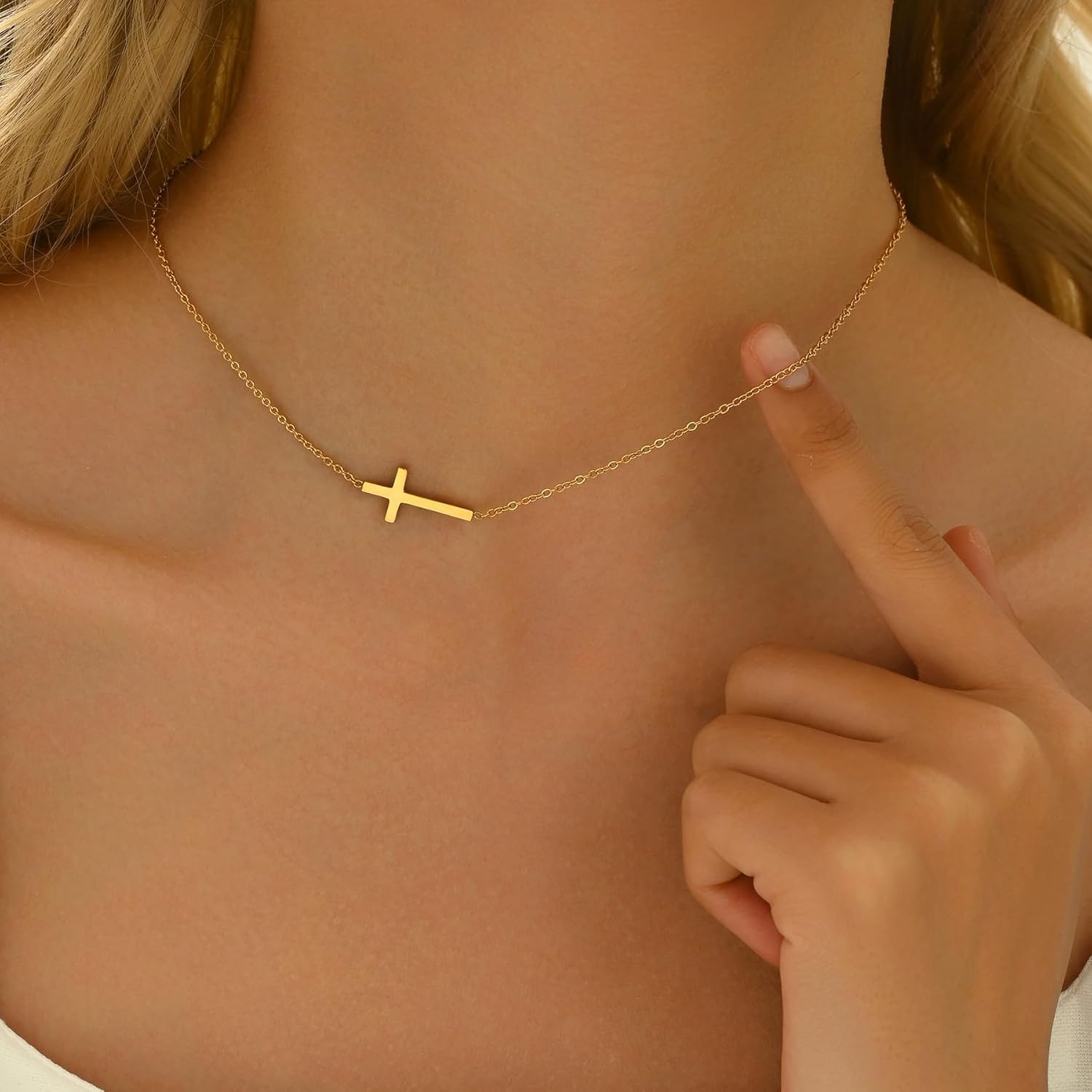 Cross Necklace for Women, 18K Gold Plated Dainty Tiny Sideways Cross Choker Necklace, Adjustable Stainless Steel Trendy Faith Jewelry, Christmas Gifts - Image 3