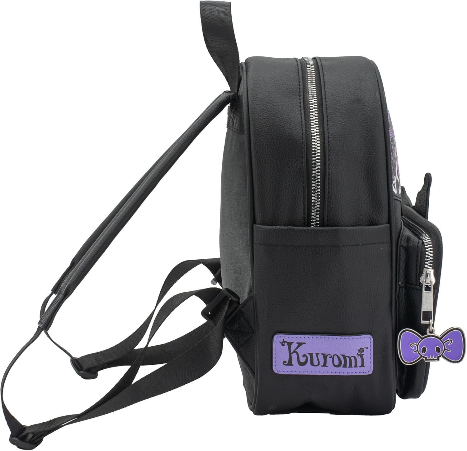 AI ACCESSORY INNOVATIONS Hello Kitty Kuromi Mini PU Backpack Purse, Kawaii Shoulder Bag with Epoxy Filled Metal Bow w/Skull Charm, 10.5 Inch, Anime Travel Bag, Faux Leather - Image 2