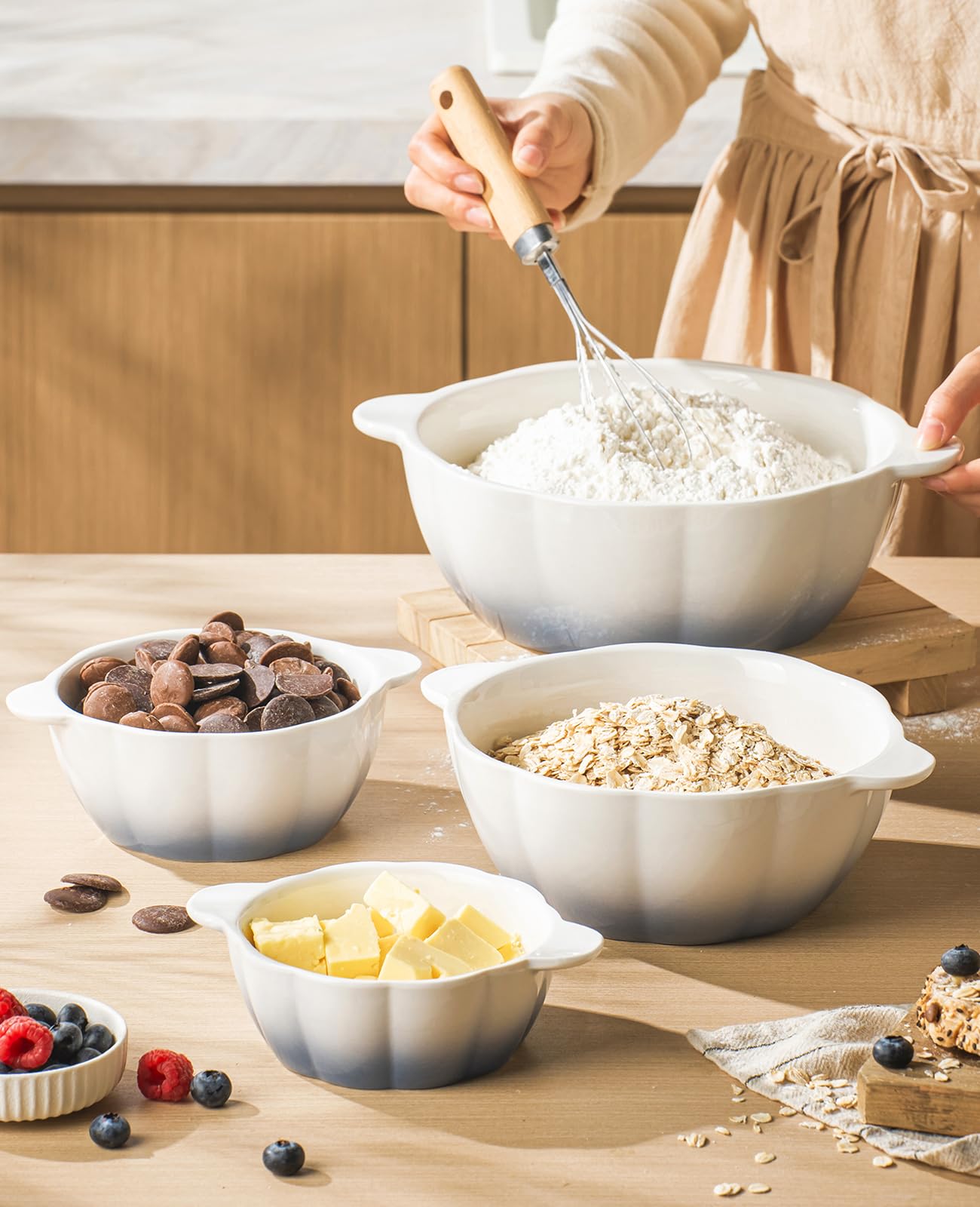 4 Piece Large Mixing Bowls Set, Cute Pumpkin Serving Bowls with Handle, Ceramic Soup Bowls for Prepping, Pasta, Salad etc - Kitchen Cooking and Baking Supplies, Blue