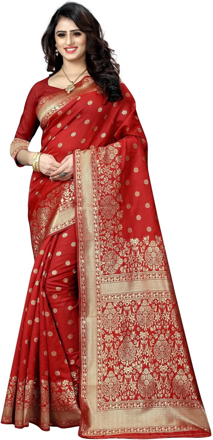 C J Enterprise Women's Pure Soft Silk Saree With Blouse Piece For Wedding