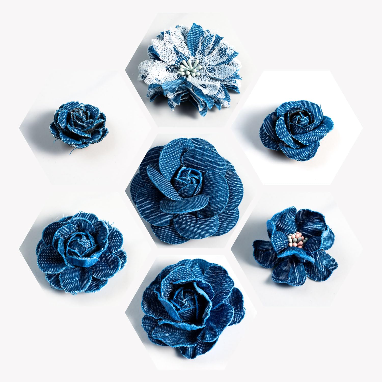 Juego de 9 parches de tela vaquera con forma de flor, cinta de mezclilla para vestidos, decoración de flores y manualidades para fiestas (azul oscuro)