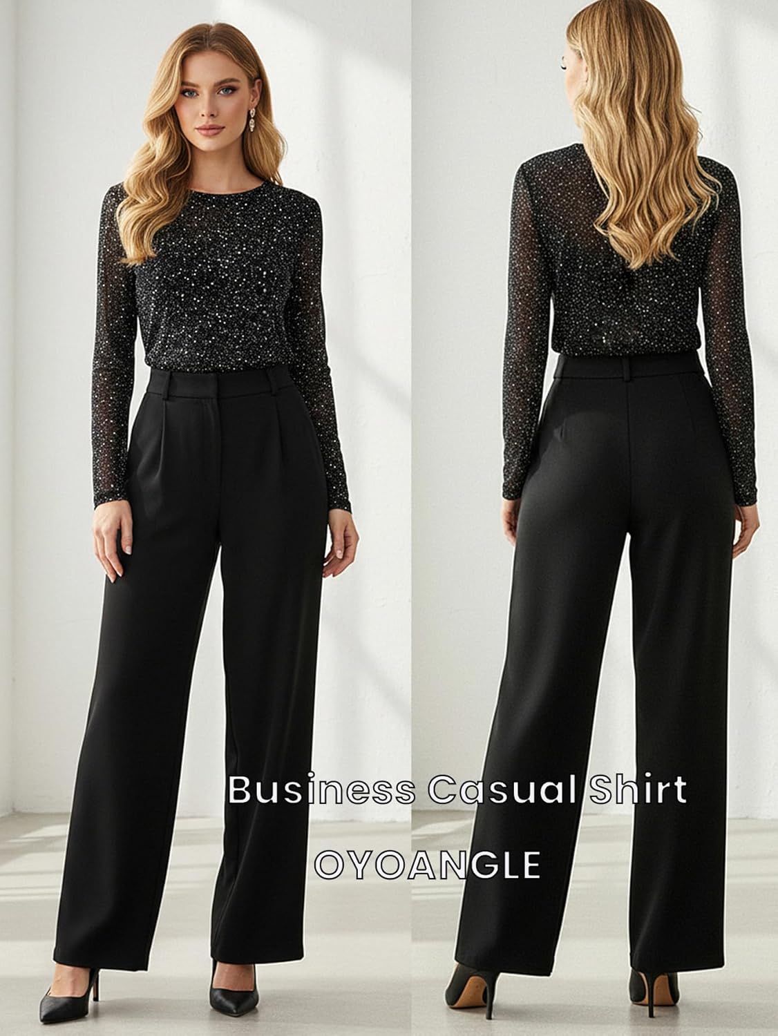 OYOANGLE Women's Glitter Sparkle Long Sleeve Sheer Top Loose Casual See Through Blouse Tshirts - Image 4