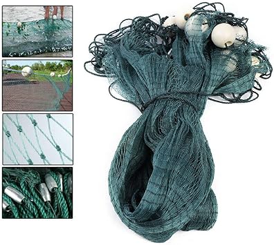 DYRABREST Green Fishing Gill Nets Hand Made Beach Seine Drag Nets Fishing Equipment Trammel Net with PVC Foam Float Bobbers and Lead Sinkers 2x10M6.5x33FT