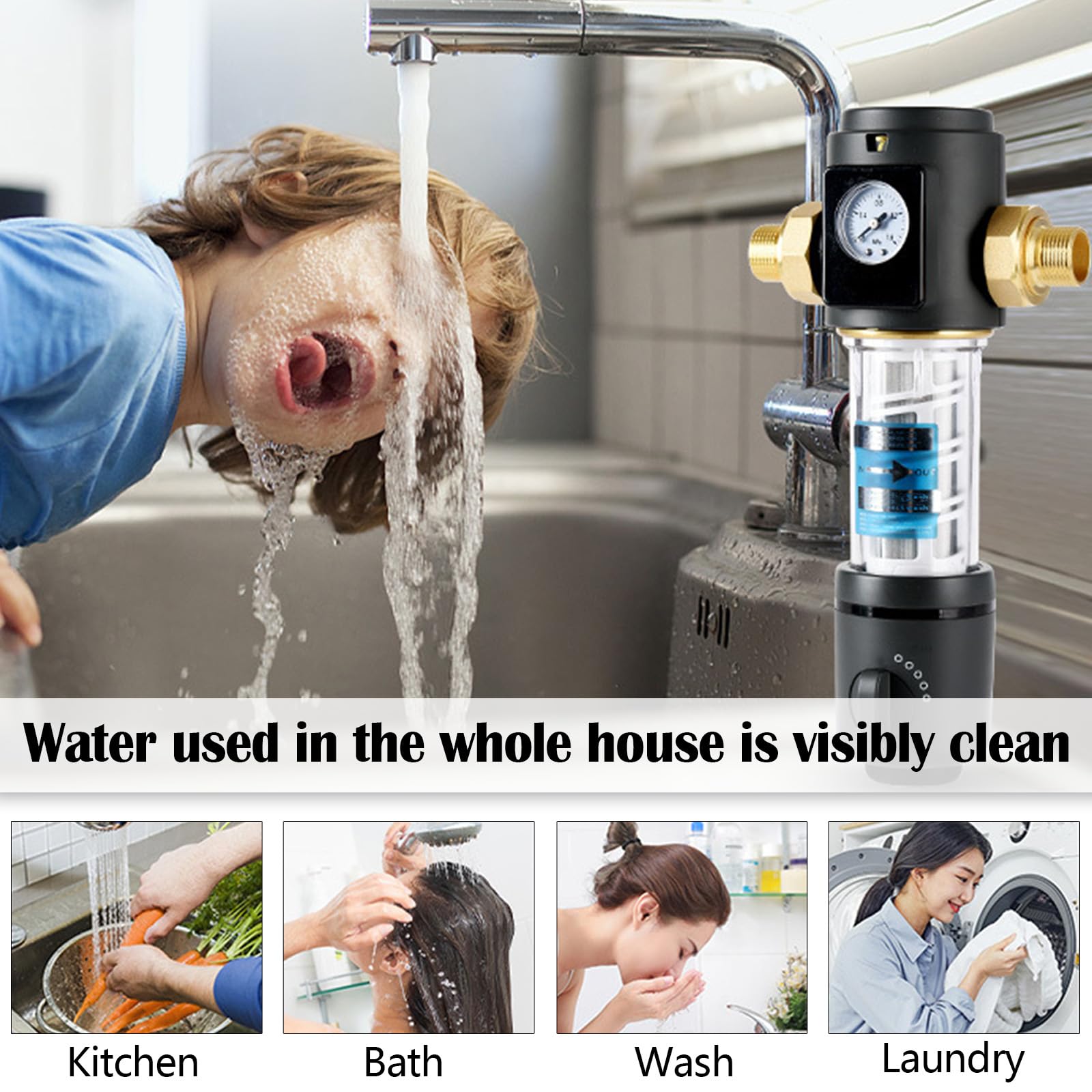 Filtro di risciacquo con manometro, filtro dell'acqua, collegamento domestico, 1/2 pollici, filtro dell'acqua per casa, precisione di filtrazione riutilizzabile, 40 micron, flusso di esportazione