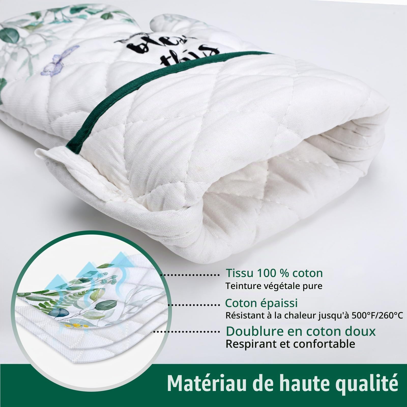 Gants De Four & Maniques Lot De 2, 100% Coton Maniques Cuisine Gant Four Anti Chaleur Extra-Longue pour Barbecue, Cuisine, Griller,Micro-Ondes(Feuilles d'eucalyptus)