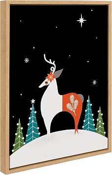 Kate and Laurel Sylvie Seasons Greetings Reindeer Framed Canvas Wall Art by Amber Leaders Designs, 18x24 Natural, Mid-Century Modern Colorful Christmas Animal Art for Wall