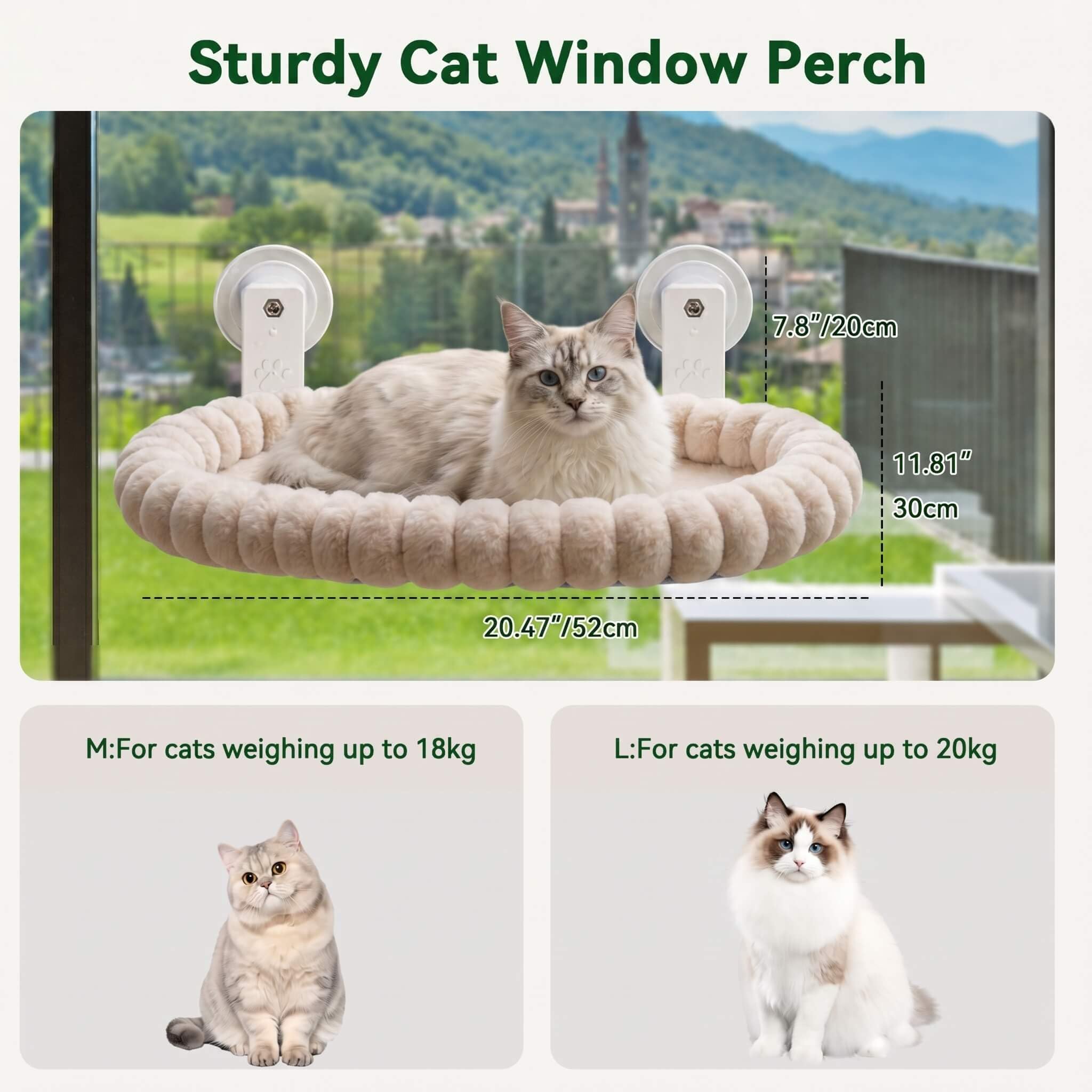 Katzen Fensterliege mit Saugnäpfen, Faltbares Katzenbett für Fensterbank, Fensterliege für Katzen, Robustes Katzenhängematte Fenster bis 18kg, Beige, M(52x30 cm)