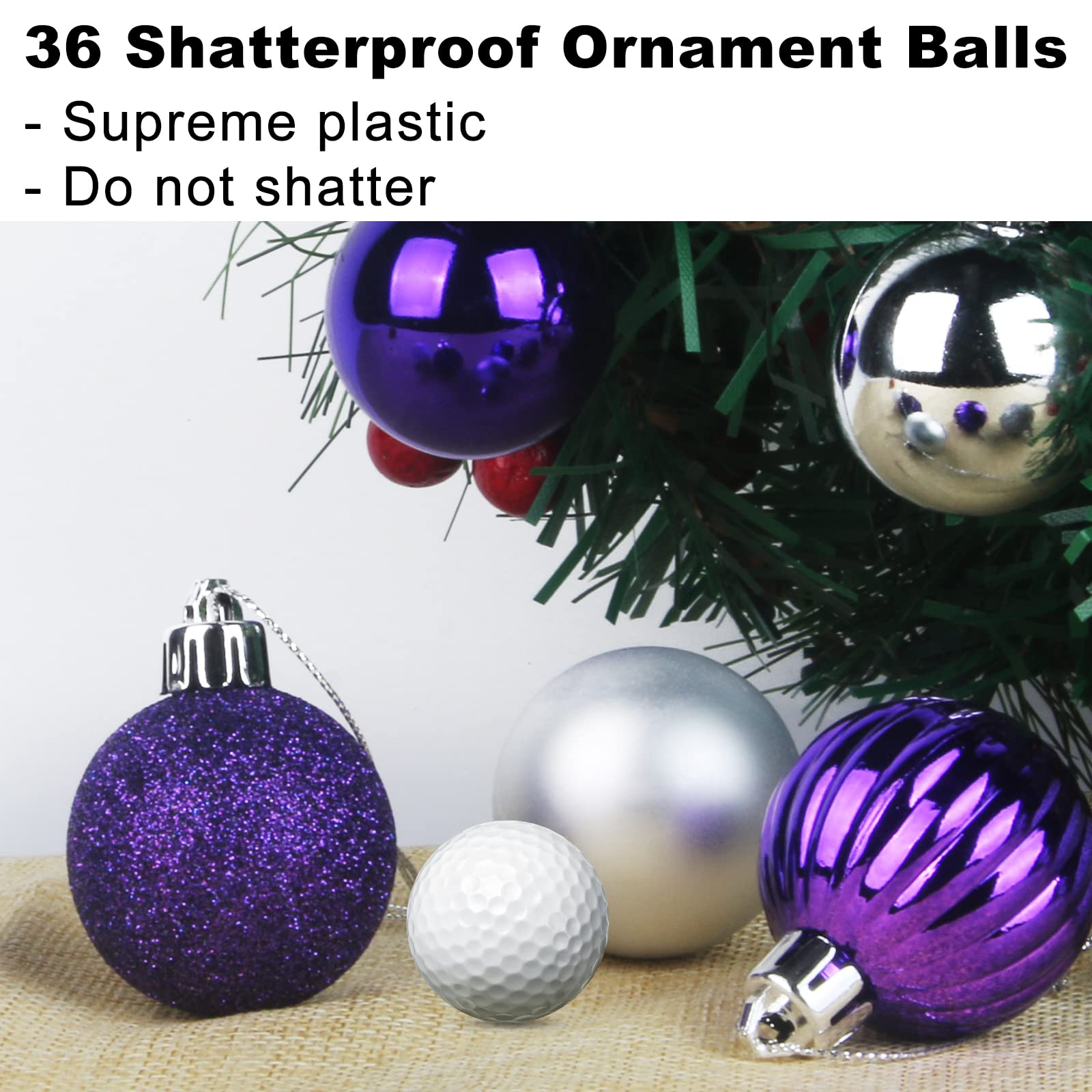 Lot de 36 boules de Noël violettes et argentées de 6,3 cm pour décoration de sapin de Noël incassables à suspendre pour la Saint Patrick, la Saint-Valentin, Pâques
