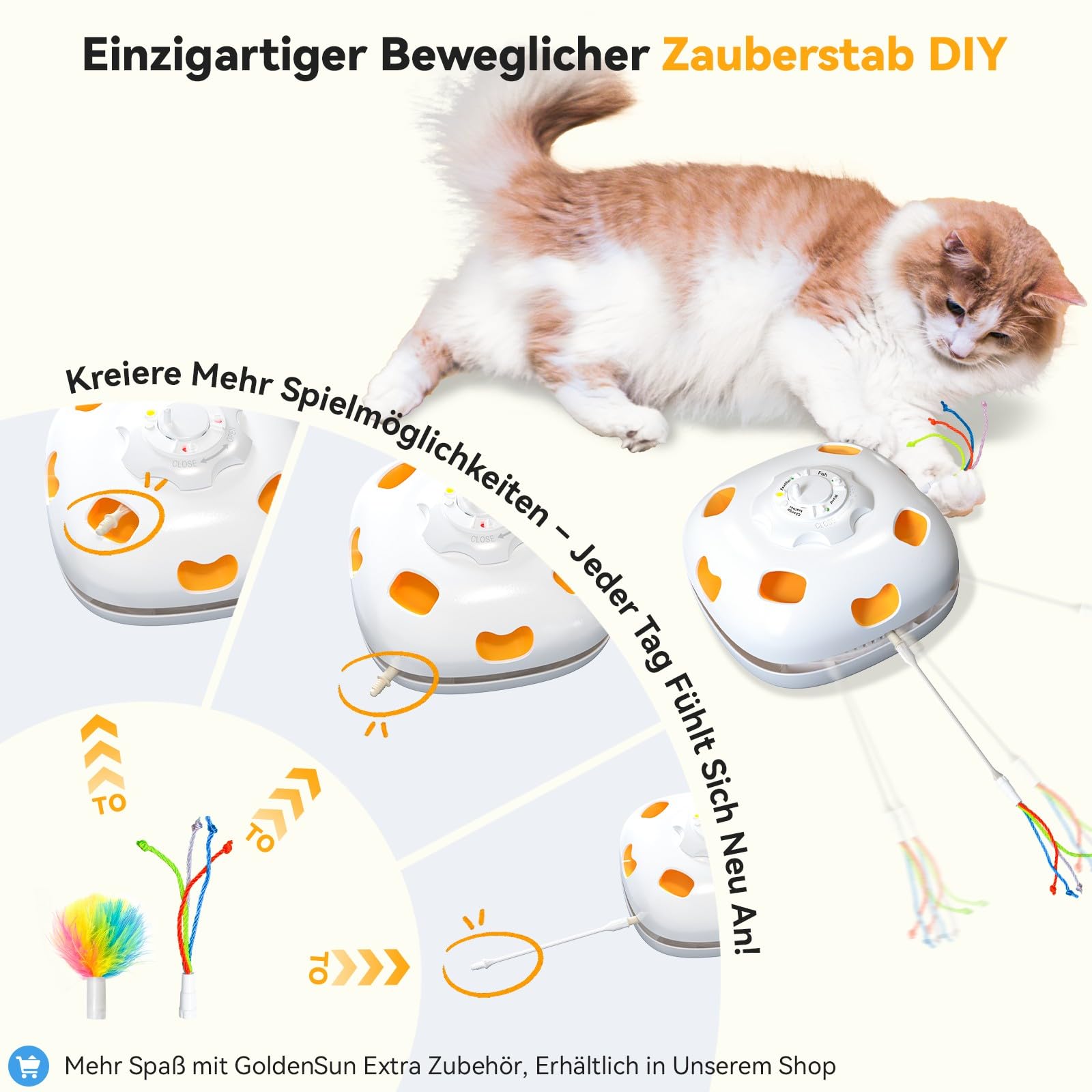 GoldenSun Katzenspielzeug, 5-in-1 Interaktives Katzenspielzeug für Wohnungskatzen, Automatisches Klopfspiel, Fliegender Fisch, Katzenangel und Bewegliche Feder