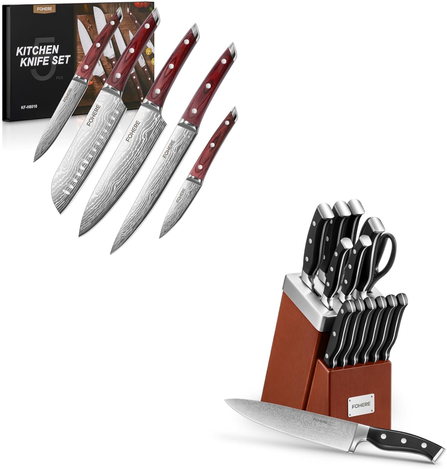 FOHERE 14 Pieces Self Sharpening Knife Block Set, Waved Pattern High Carbon Stainless Steel and 5 Pieces Professional Ultra Sharp Chef Knives