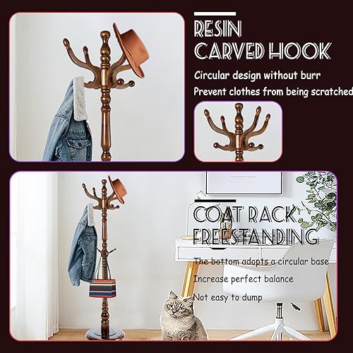 Miniatura 3 de Perchero de madera de 73 pulgadas, perchero independiente con base redonda estable, altura ajustable, para el hogar, dormitorio, oficina, pasillo,