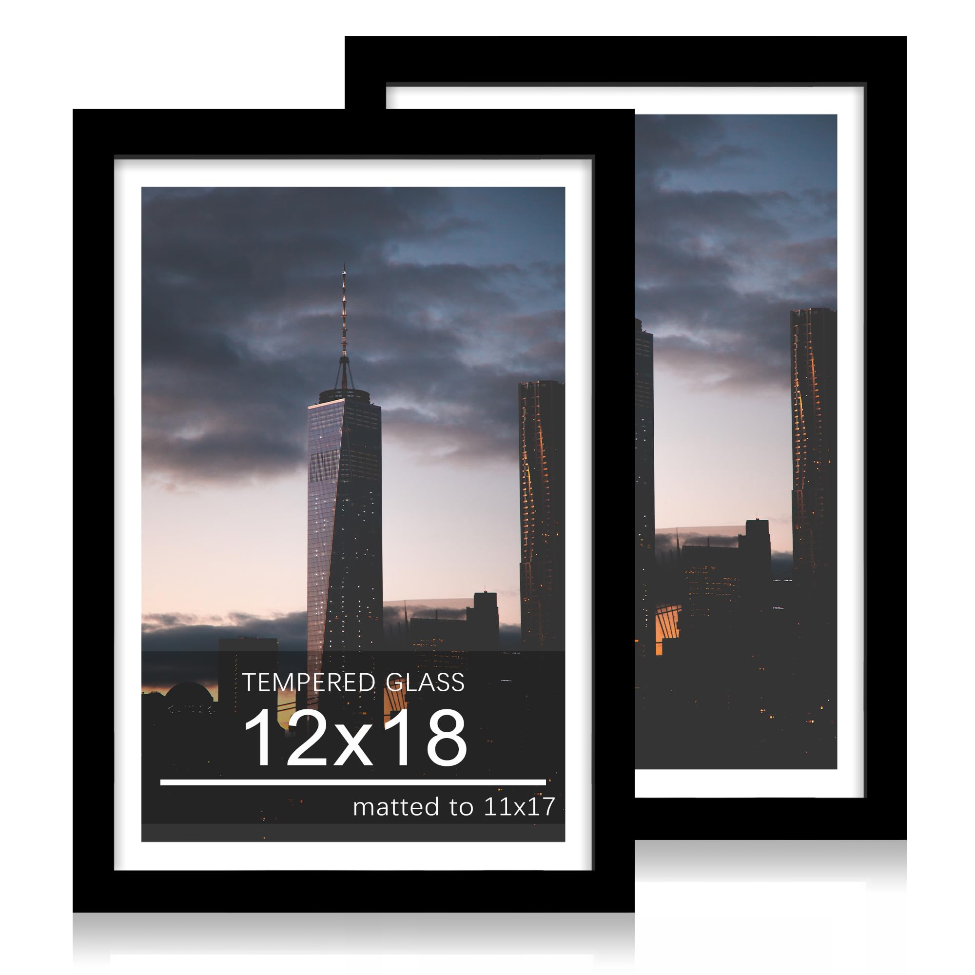 12x18 Picture Frame Set of 2, 12 x 18 Wood Poster Frames with Mat for 11x17, Wooden Photo Frames with Tempered Glass Cover for Wall Display,Black
