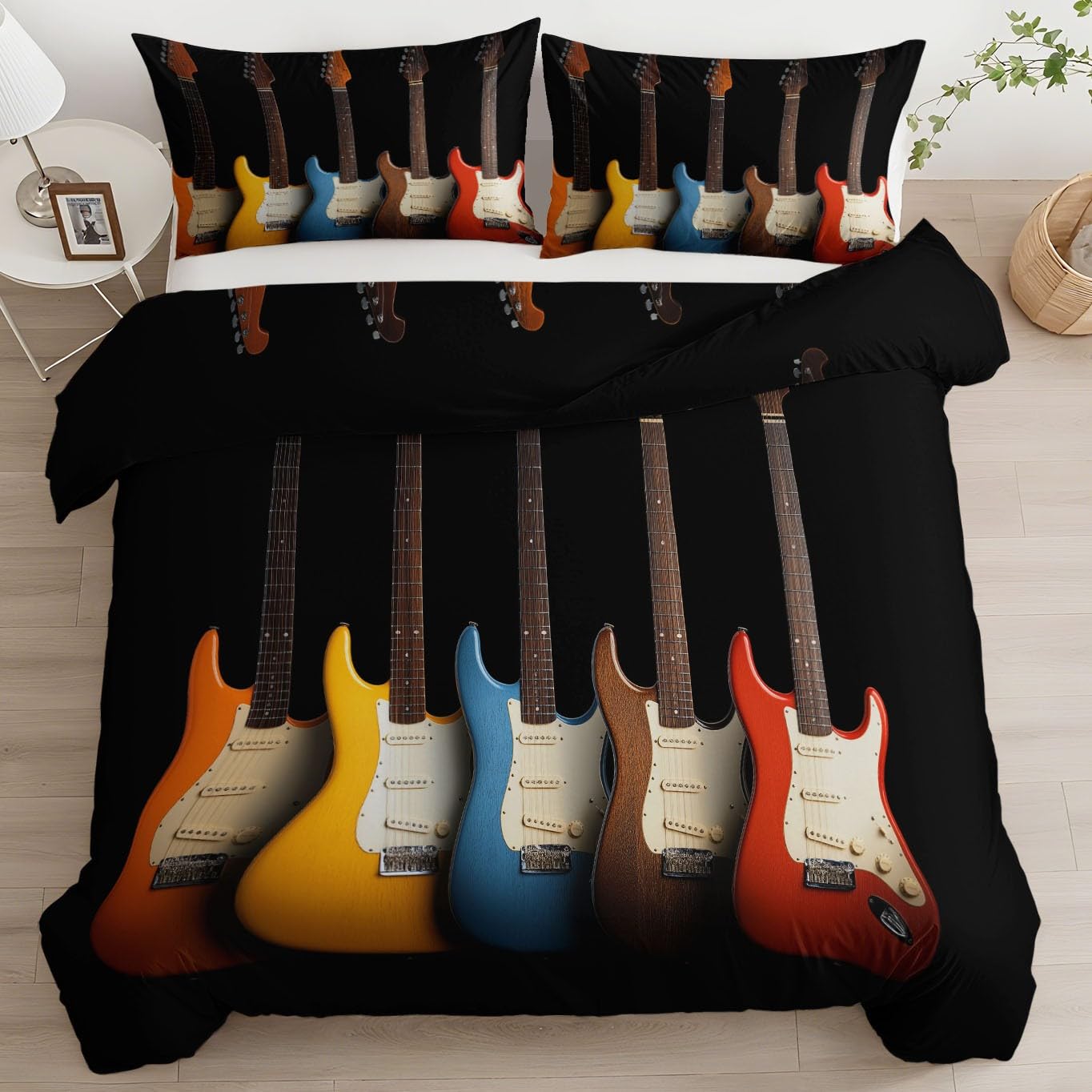 Housse de couette guitare électrique noire 200x200 pour lit adulte ado