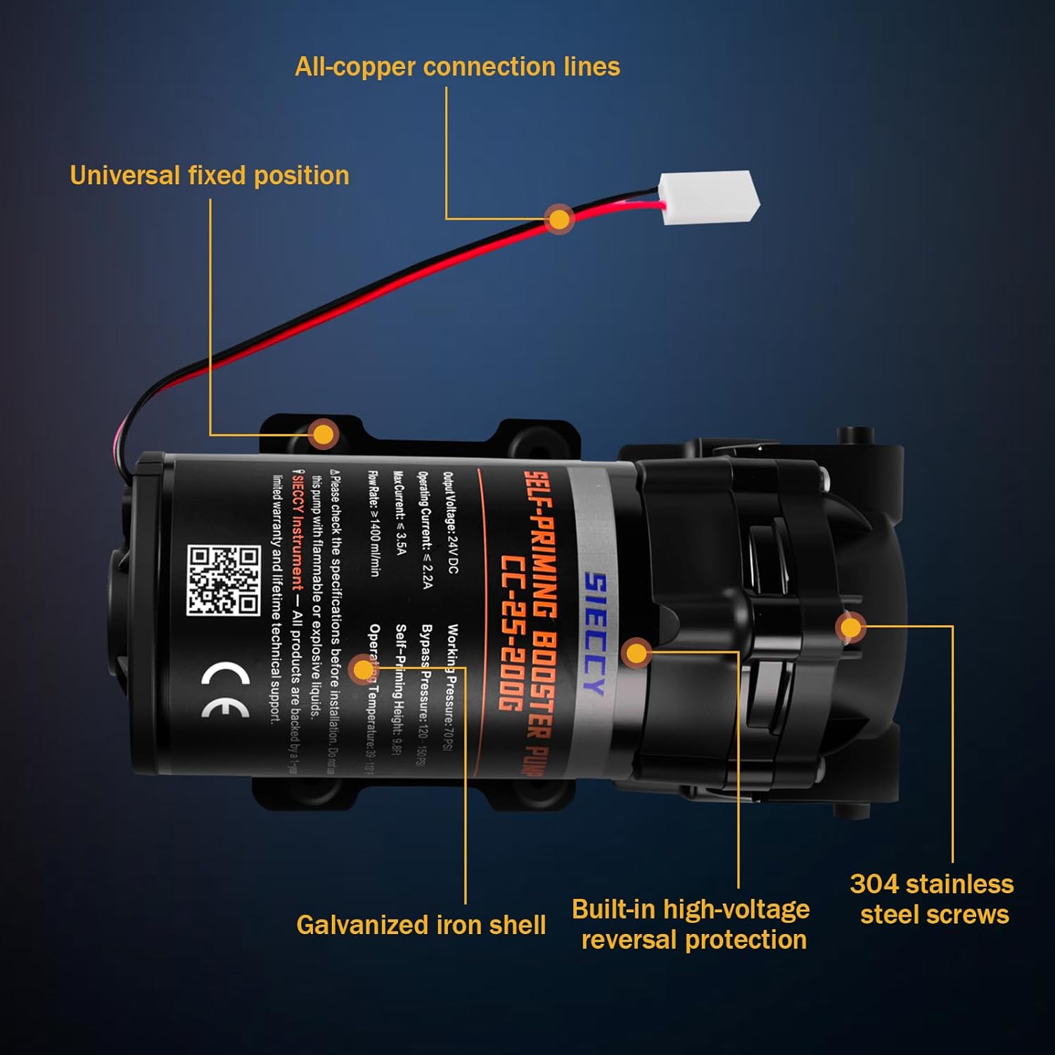 Self-Priming Booster Pump Kit for RO Reverse Osmosis Systems Up to 200 GPD, Includes 24V DC Pump, Low & High Pressure Switches, 3/8" to 1/4" Quick-Connect Fittings, Works with Wells and Storage Tanks