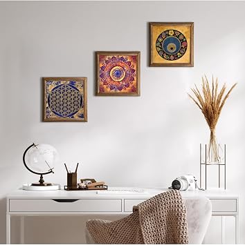 Pinecone Mandala, Yaşam Çiçeği, Nazar Taş Duvar Tablosu - Ahşap Çerçeveli Taş Tablo - 25x25 cm - 3 Parça Set - Dekoratif Duvar Sanatı - Modern Ev ve Ofis Duvar Dekoru W3-374