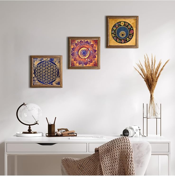 Pinecone Mandala, Yaşam Çiçeği, Nazar Taş Duvar Tablosu - Ahşap Çerçeveli Taş Tablo - 25x25 cm - 3 Parça Set - Dekoratif Duvar Sanatı - Modern Ev ve Ofis Duvar Dekoru W3-374