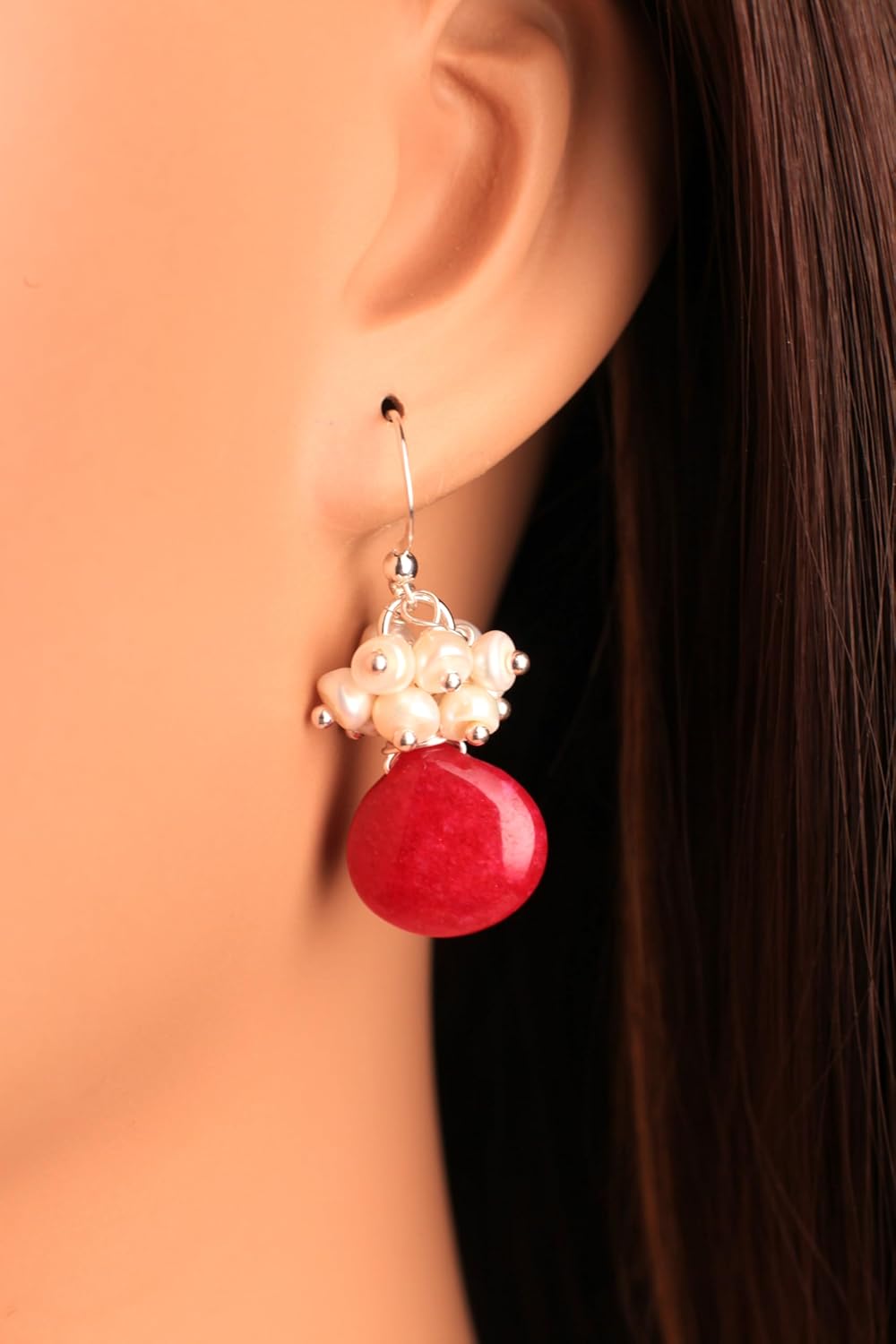 Freshwater Pearl Cluster with Hot Pink Fuchsia Quartz Heart Shape 15mm Teardrop Wire Wrapped Dangling Earrings in 925 Sterling Silver Earwire, Handmade Gift - Image 3