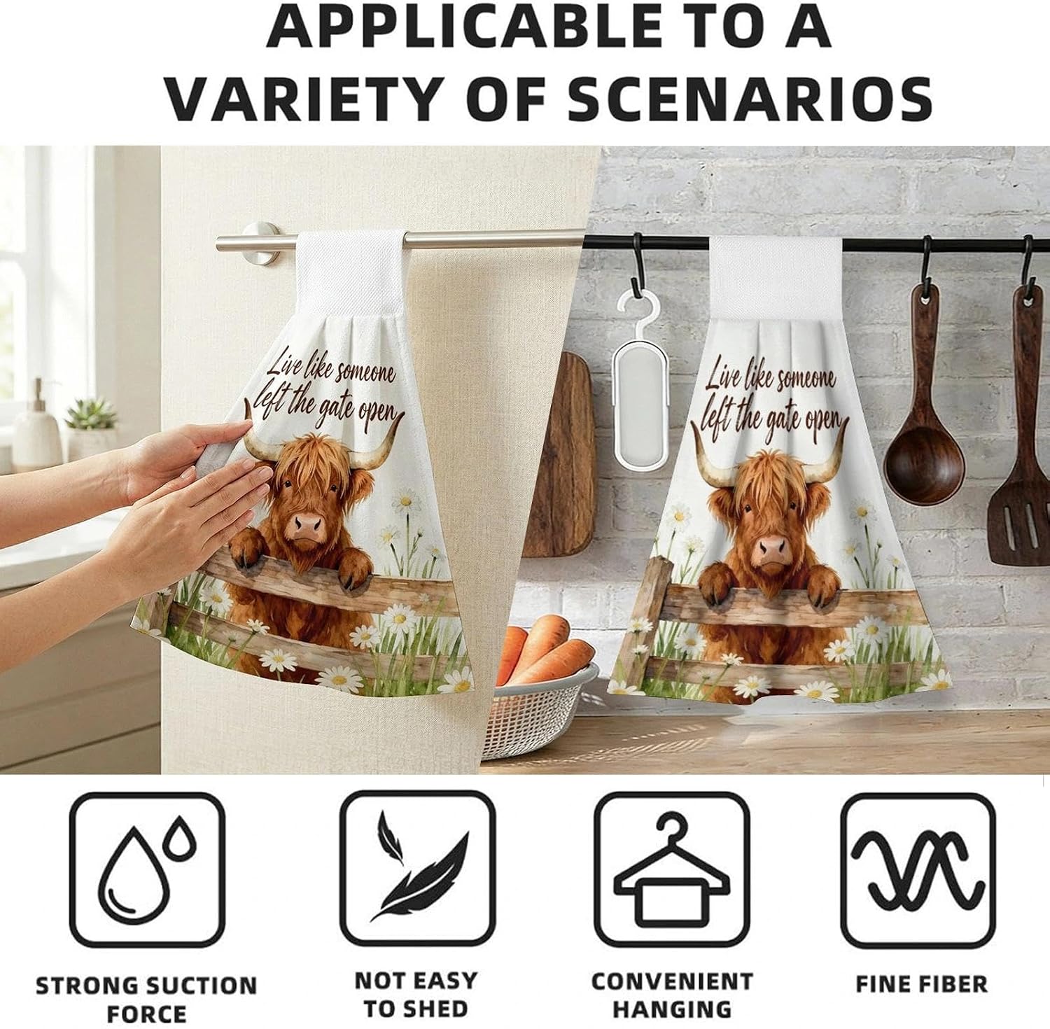 Highland Cow Kitchen Hand Towels with Hanging Loops, Absorbent Dish Towel, Funny Drying Hanging Towels for Home Kitchen Bathroom