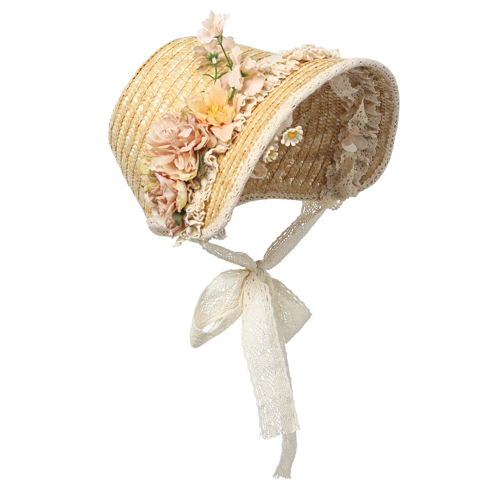 CAMDOM Sombrero Victoriano para Mujer, para Fiesta de té, con Lazos, Flores, Sombrero de Paja Plano, Color marrón