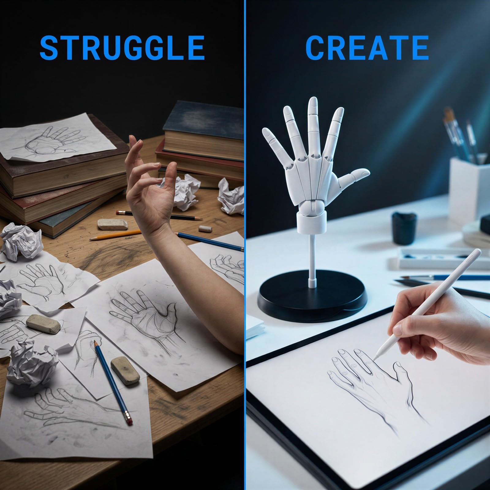 Modèle de main pour dessin, modèle articulé taille réelle 1:1 avec articulations bioniques, main gauche posable pour artistes, avec support et base, pour croquis, peinture, illustration anime, blanc