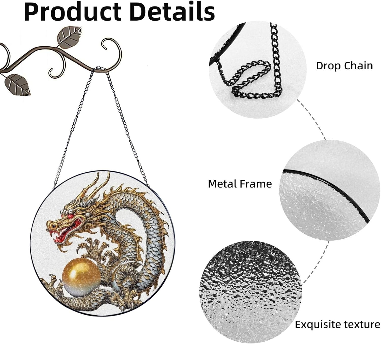 10in Stained Glass Window Hanging,Window Suncatcher Glass Panel with Metal Chain Chinese Dragon with Pearl Sun Catchers Wall Art Home Decor Gift for Women Mother's Day