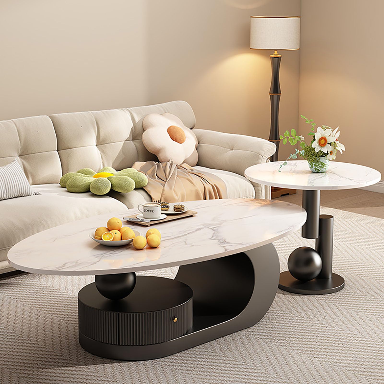 SXZenSpace Modern Oval Marble Coffee Table,47.2" Luxury Table with Storage Drawer And Shelf Metal Center for Living Room Office,B,Combination