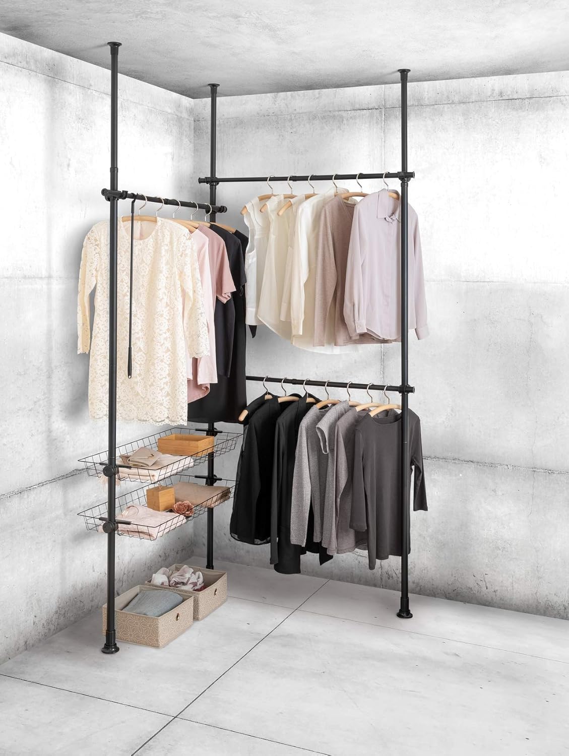 WENKO Adjustable Clothes Rack in use with various garments and accessories