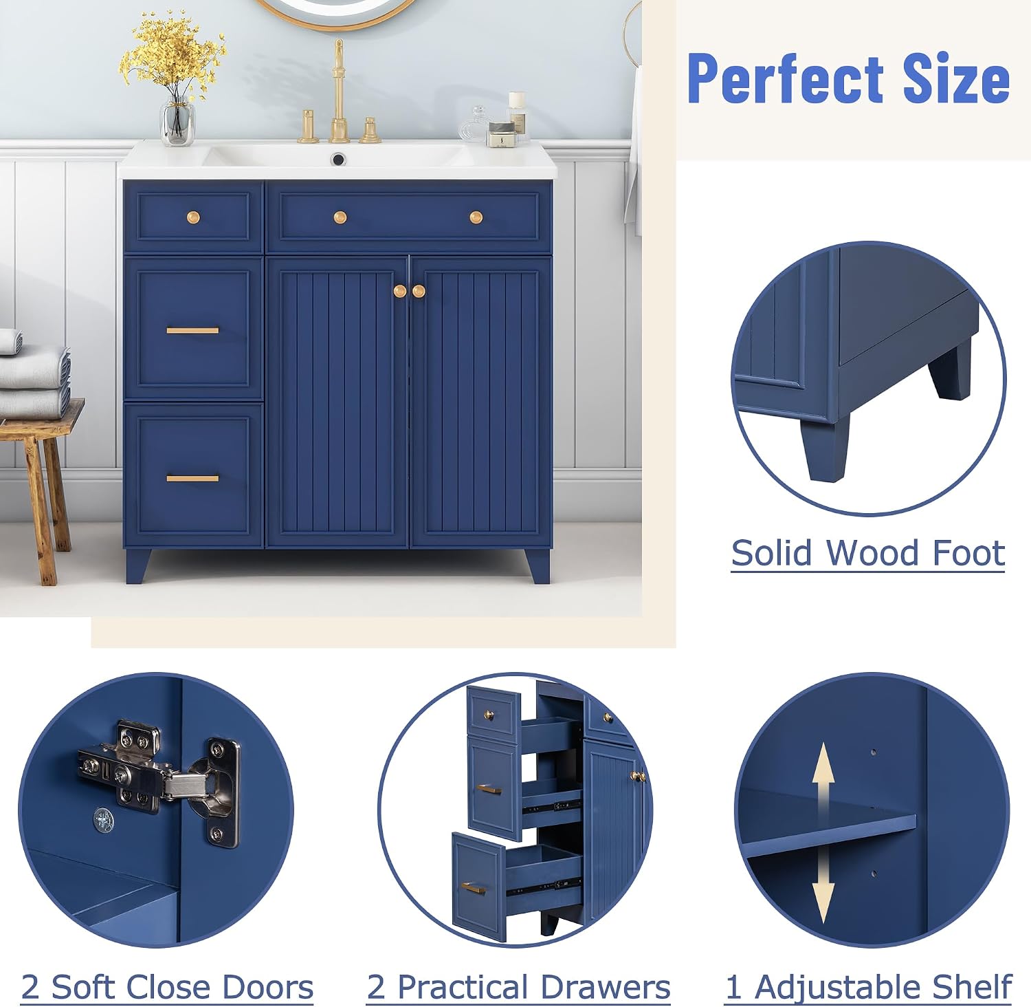 Merax 36 Bathroom Vanity with Sink, Navy Blue Single Bathroom Cabinet, with 2 Drawers and 1 Adjustable Storage Shelf, 2 Soft-Close Doors