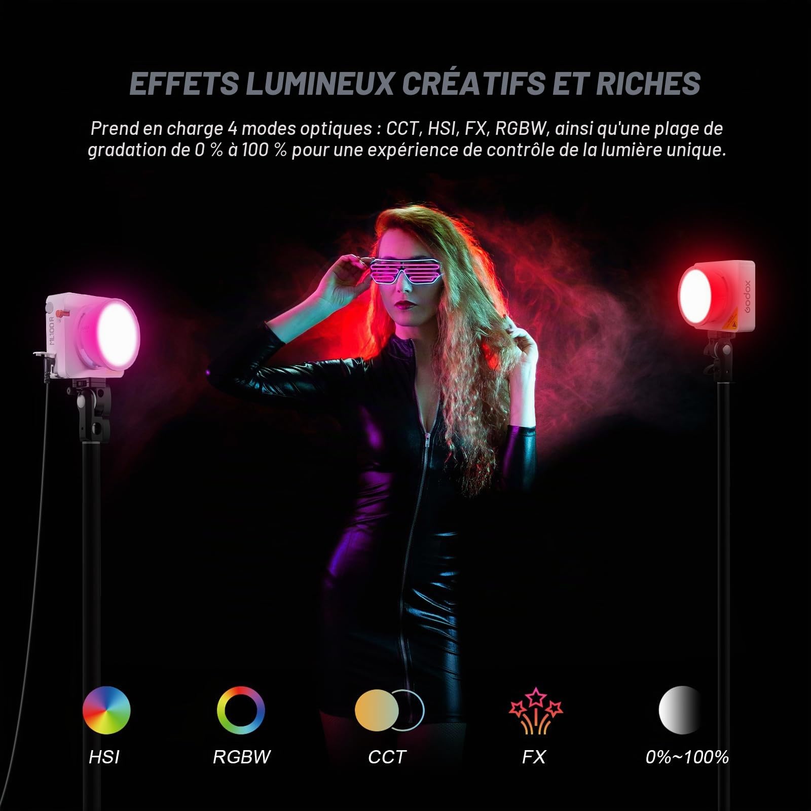 Godox ML100R Éclairage Vidéo LED RGB Video Light 110W 1800K-10000K Éclairage Vidéo Couleur CRI 95+/TLCI 95+ Contrôle via Application Recharge USB-C 14 Effets FX pour le Streaming en Direct Photographi
