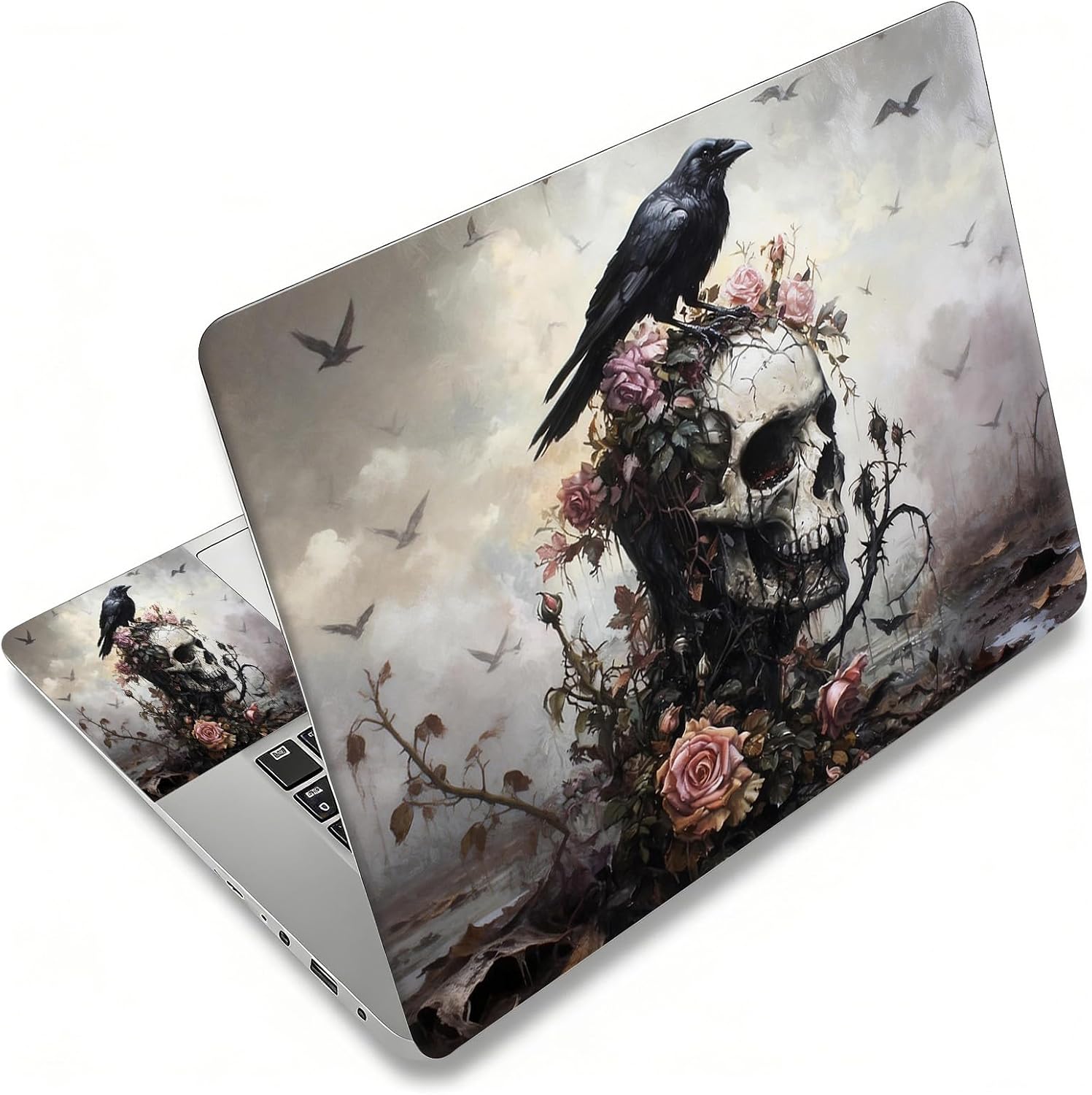 Laptop Skin Sticker Decal, Universal Reusable Vinyl Laptop Cover for 12" 13" 13.3" 14" 15" 15.4" 15.6" Notebook PC, Waterproof Scratch-Resistant with 2 Wrist Pads, Easy to Apply & Remove,Crow Skull
