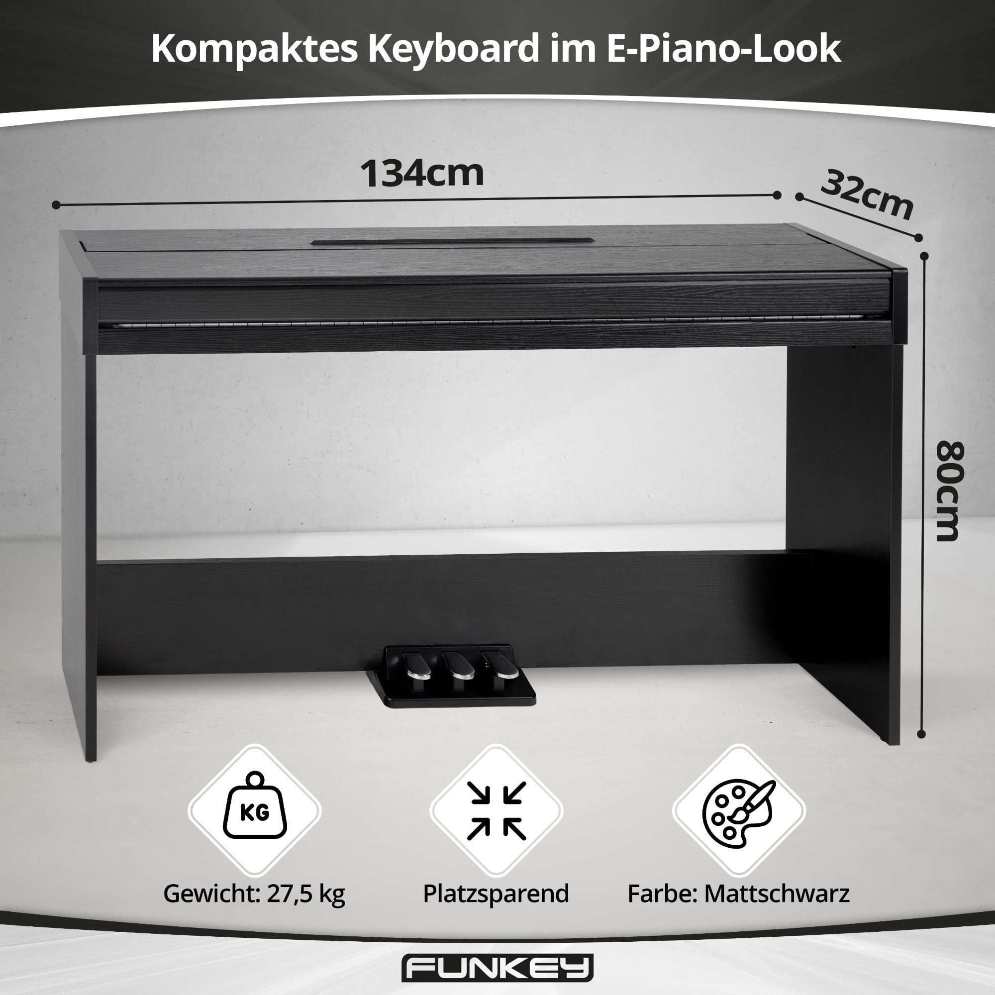 FunKey DP-1088 SM Pianoforte digitale sottile Set - 88 tasti sensibili alla velocità e 3 pedali - 20 suoni - Altoparlanti stereo integrati e comprensivo di banco e cuffie - Finitura nera opaca
