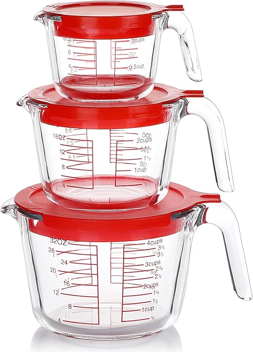 M MCIRCO 6 Pcs Glass Measuring Cups with Lids Set, 1-Cup, 2-Cup, 4-Cup Measuring Jugs with Handle, Nesting Liquid Measuring Cups for Kitchen