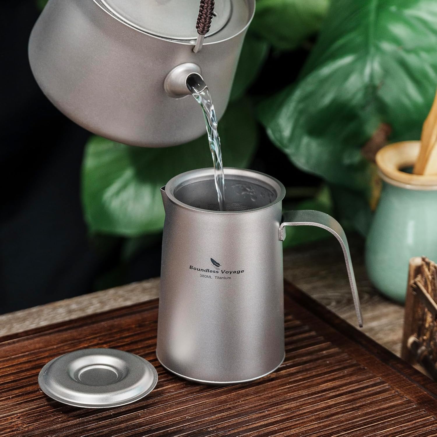 iBasingo 380ml Titanium Teapot with Infuser and 4 30ml Teacups Lightweight Portable Tea Kettle with Lid Chinese Tea Set for Home Outdoor Camping Travel Picnic Hiking Ti3116D+Ti3083D