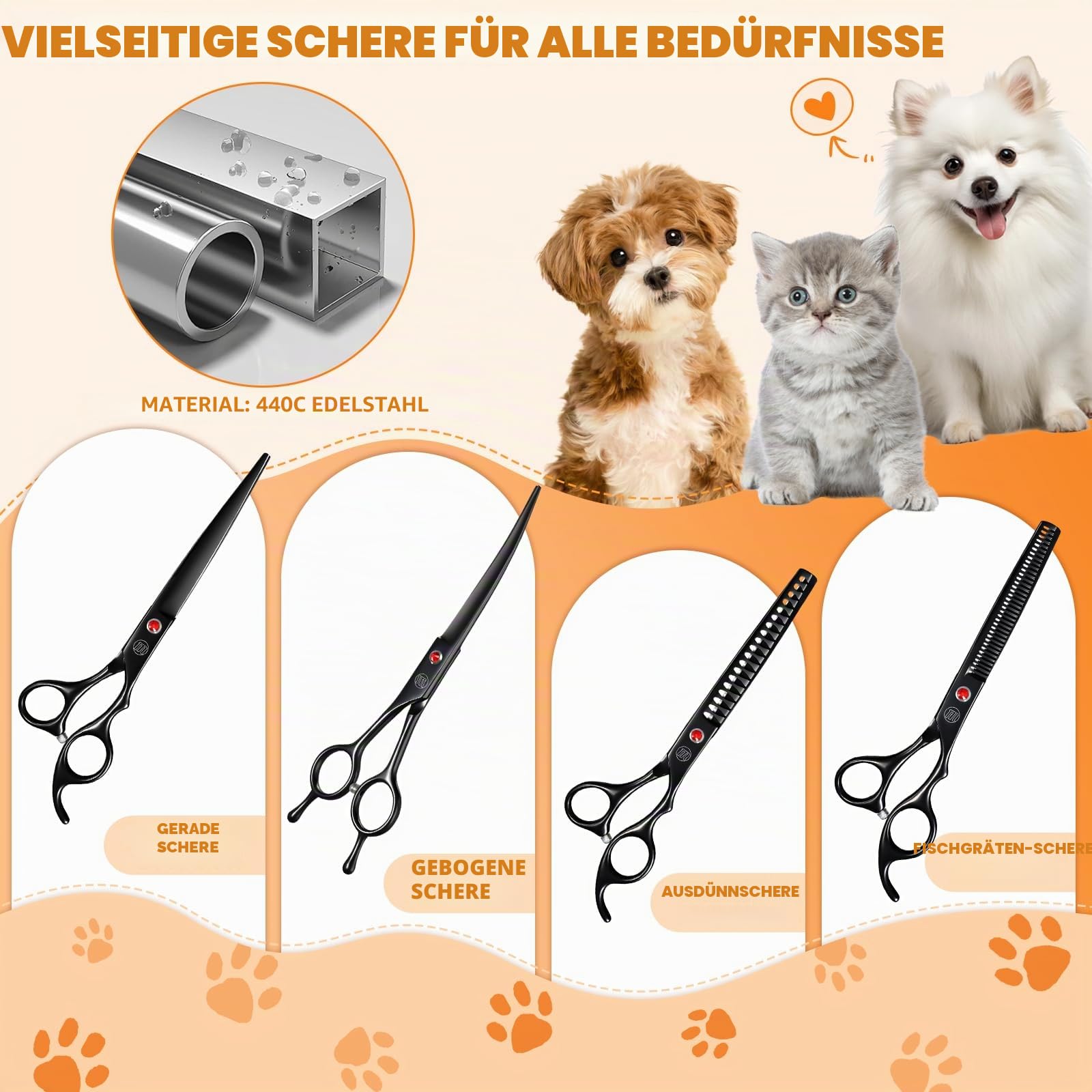 Moontay 7 Zoll Fellschere Hundeschere professionelles Hundepflege-Scherenset Hundeschere Tierpflege-Schere mit Gebogene/Gerade/Chunker/Ausdünnungsschere Schwarz