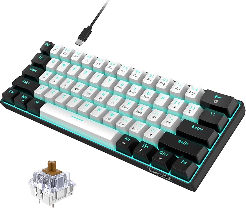 Snpurdiri 60% kabelgebundene mechanische Gaming-Tastatur, 61 Anti-Ghosting-Tasten, Blaue LED-Hintergrundbeleuchtung, ultrakompakte Zwei Ständer(Braune Schalter/Schwarz Weiß)