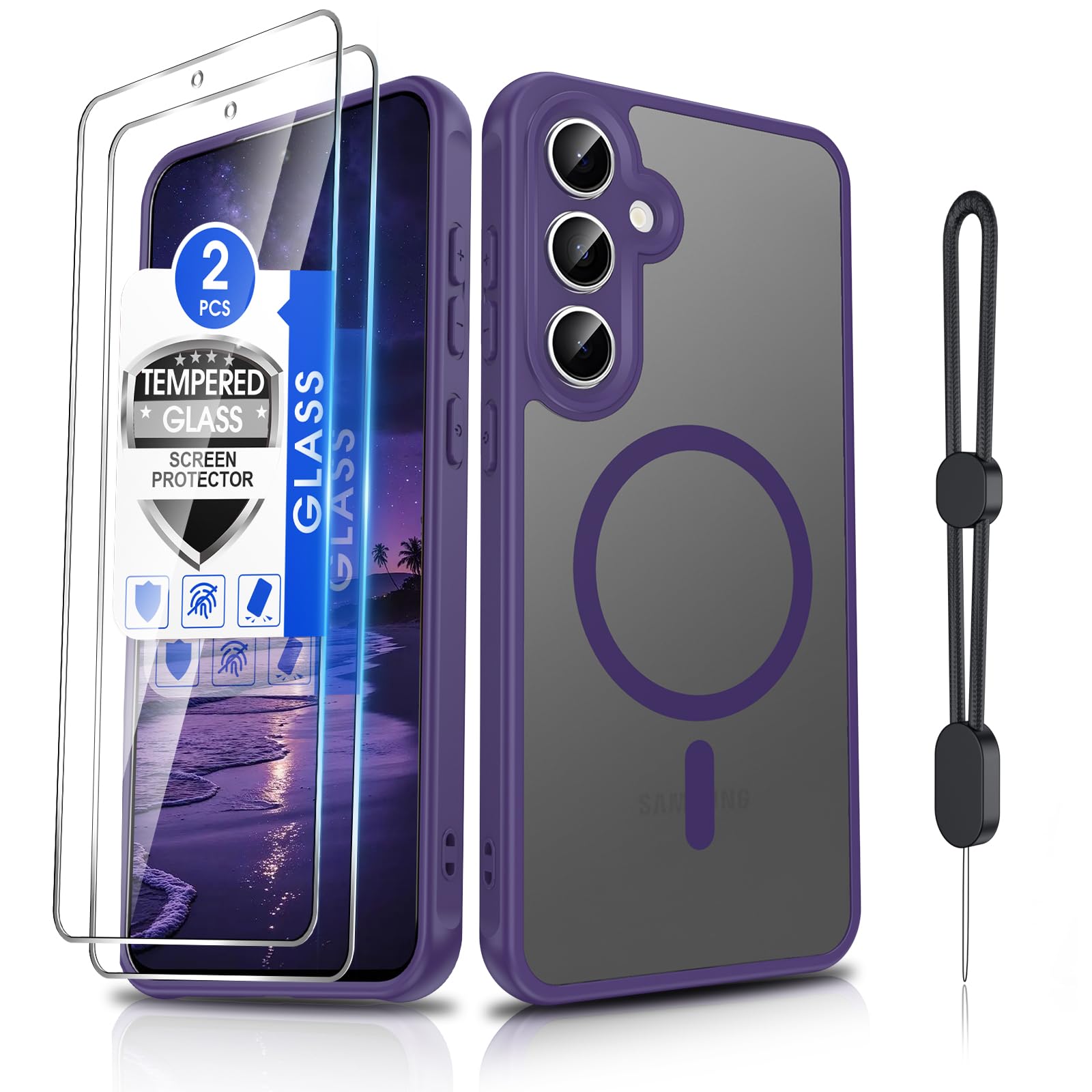 Dizn for Samsung Galaxy S24 FE Case,with Tempered Glass Screen Protector, Compatible with MagSafe Wireless Charging, with Strap,Military Grade Magnetic Shockproof Fundas Protective S24FE, Purple