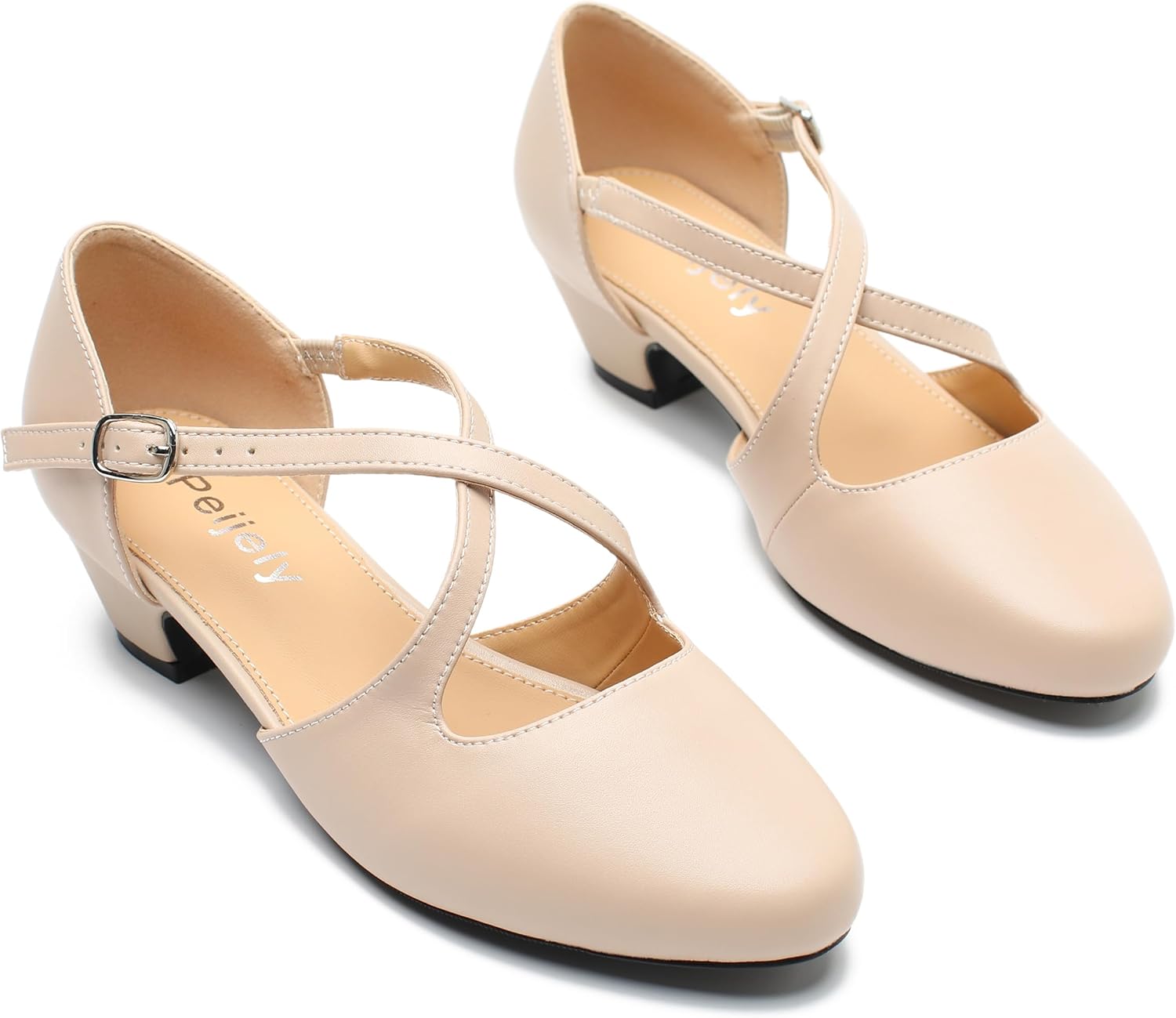 Women's Low Chunky Heel Pumps Cross Strap Closed Toe Dress Shoes - Image 7