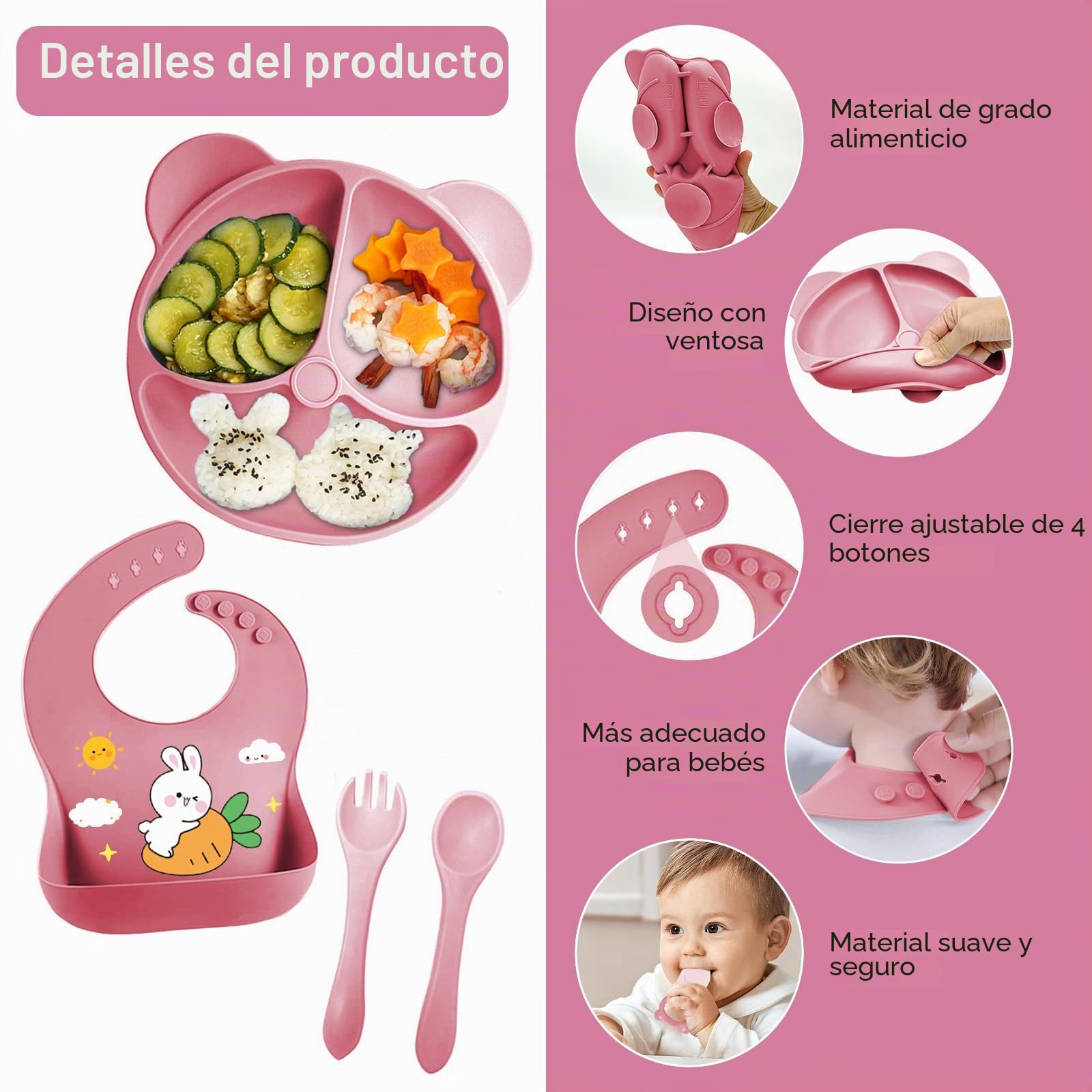 Vajilla Bebe Silicona, 11 Piezas Vajilla de Silicona para Bebés Antideslizante, Cubiertos Bebe para Comer Destete, Con Babero Taza Plato Cuenco, Juegos de Vajilla Bebe, Sin BPA (Rosa oscuro)