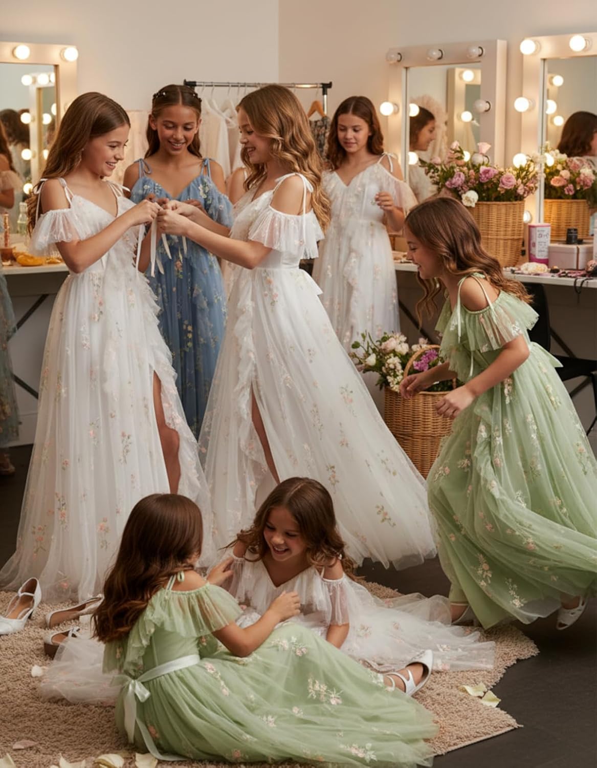 Flower Embroidery Tulle Junior Bridesmaid Dresses with Slit Long Spaghetti Straps V Neck Fairy Formal Prom Gown