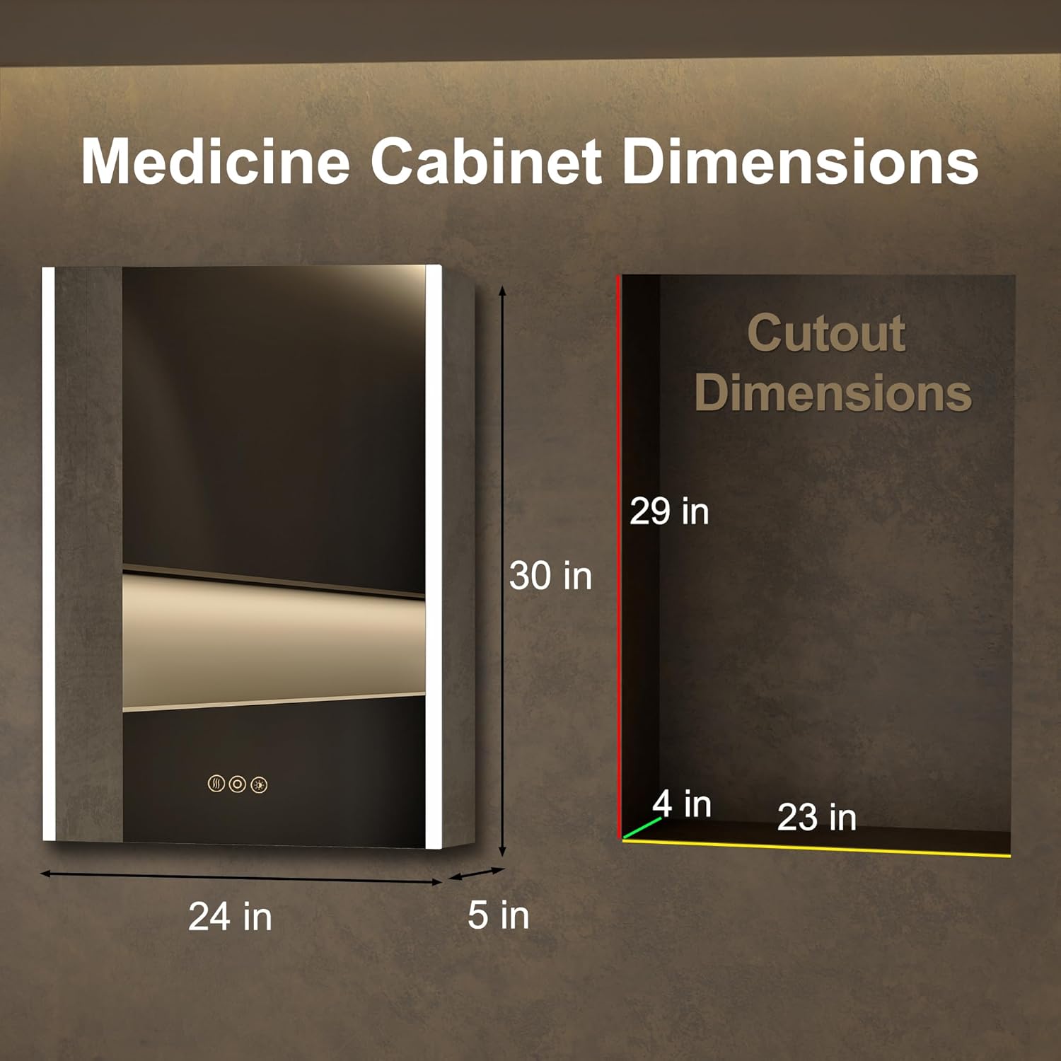 Diagram showing the dimensions of the medicine cabinet as 24 inches wide by 30 inches high by 5 inches deep, and the recommended cutout dimensions for recessed mounting as 23 inches wide by 29 inches high by 4 inches deep.