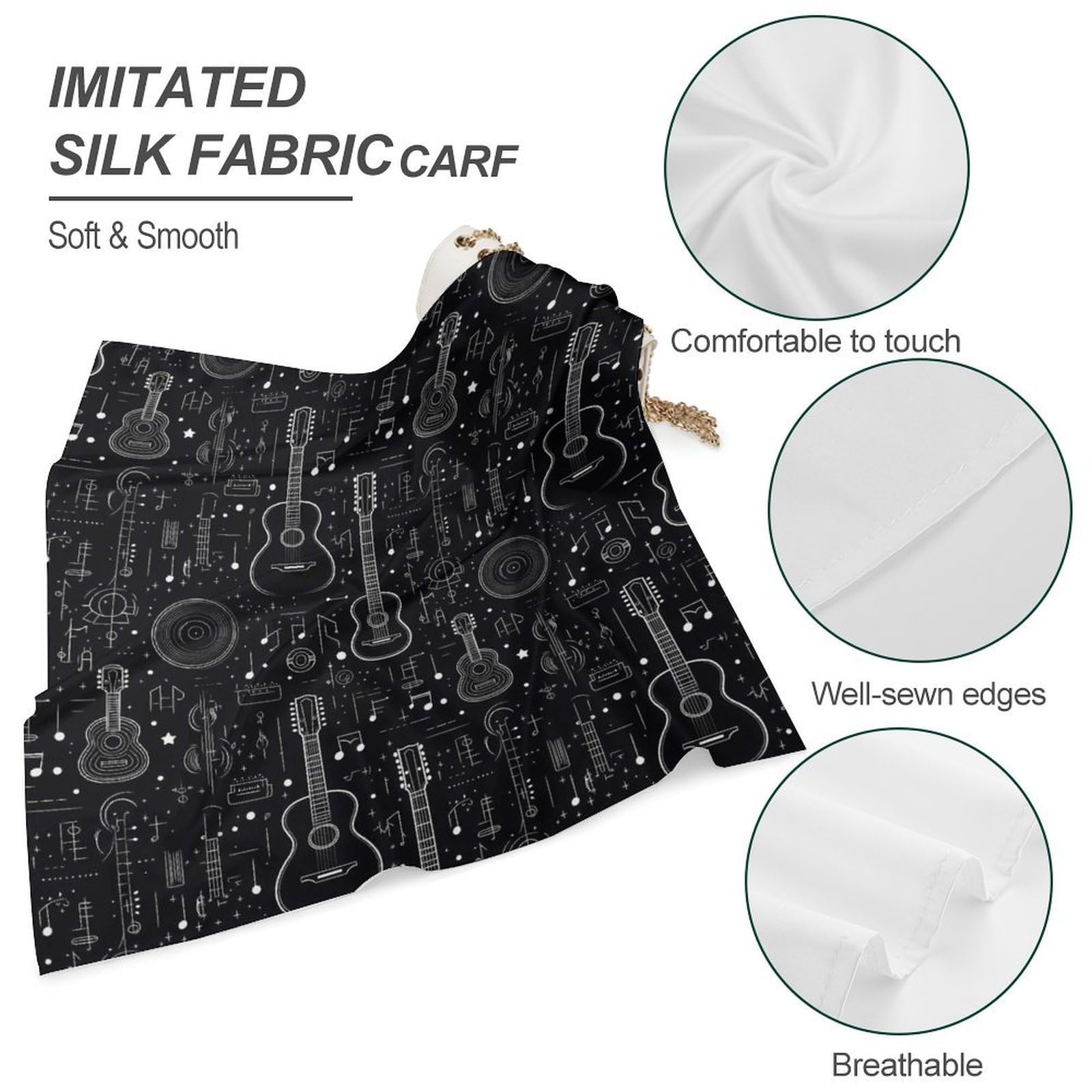 Bandanas negras con estampado de guitarra para mujeres y hombres, bandana de seda, pañuelo para la cabeza, pañuelo para el cabello