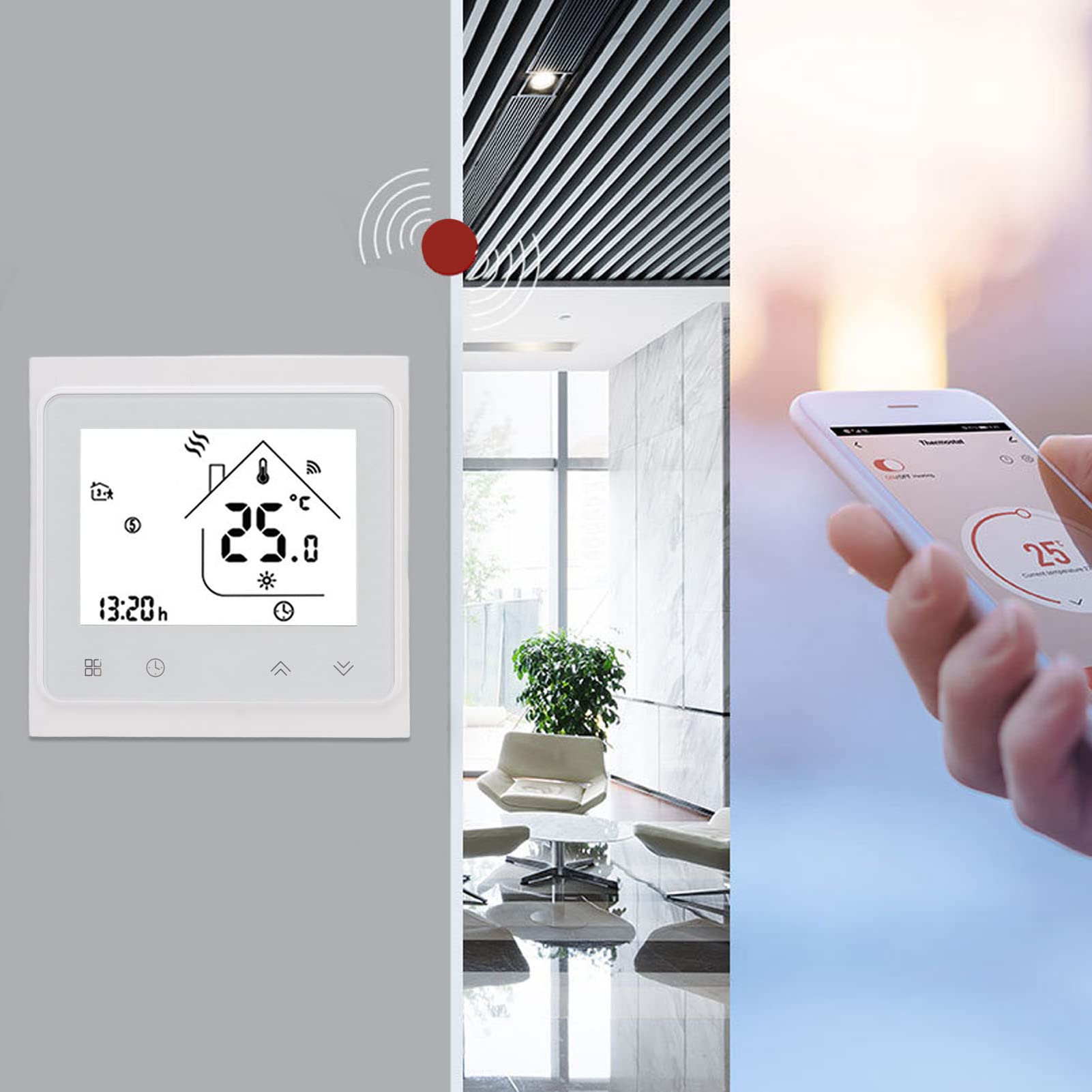 Termostat Cyfrowy, Inteligentny Termostat Cyfrowy AC 95–240 V, Biały, Kontrola za pomocą Aplikacji Bezprzewodowej, Obsługa 50 zaworów. Wysokiej Jakości materiał PP ABS, Piloty i