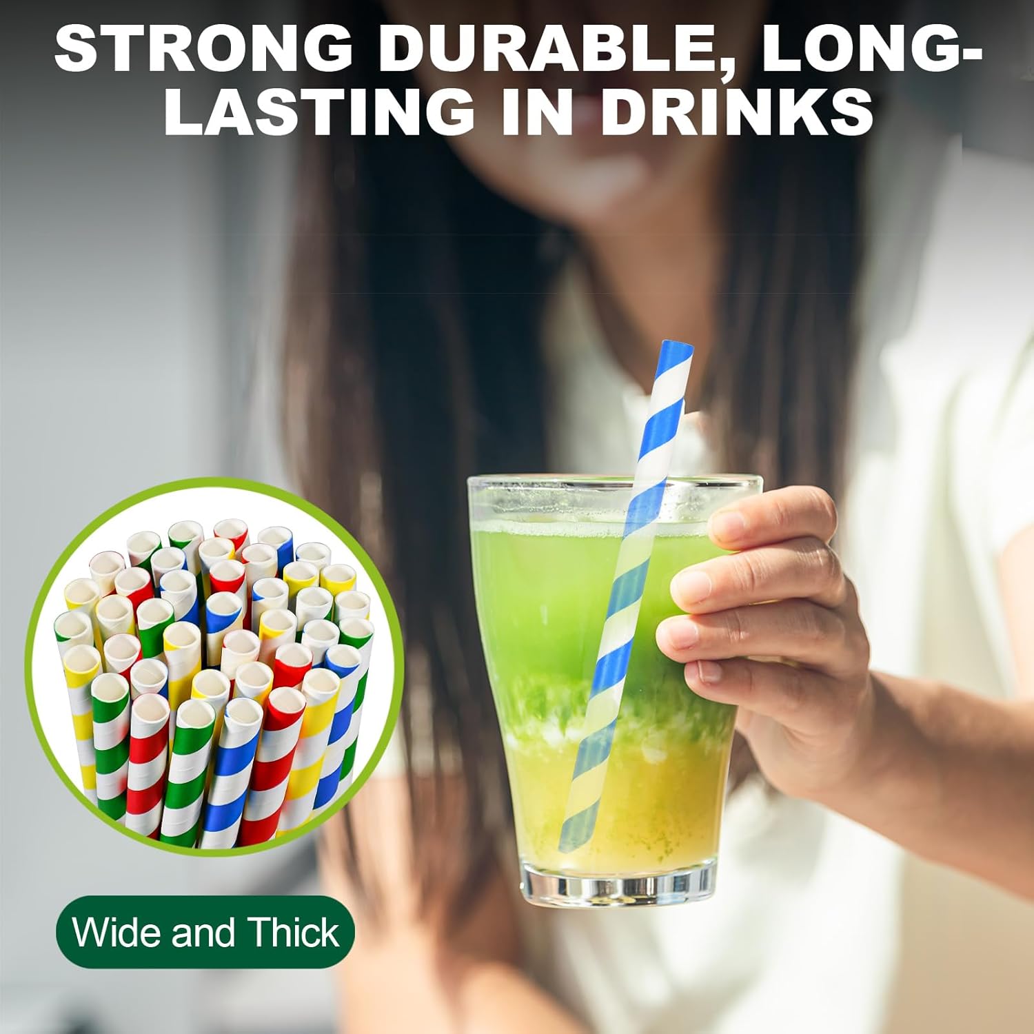 [10mm Wide] Chunspak 6" Short Fat Colorful Striped Paper Drinking Straws Disposable 100 Counts for Smoothie, Milkshakes, Thick Drinks - Biodegradable - Image 5