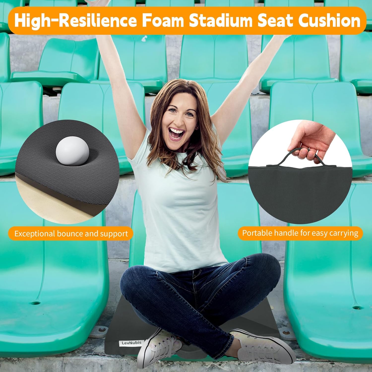 2-Pack Portable Stadium Seat Cushions with Handle, 2.2" Thick Bleacher Cushions for Adults,900D Waterproof Oxford Seat Cushion for Bleachers & Bleacher Pad for Sports Events Office Beaches (Grey)