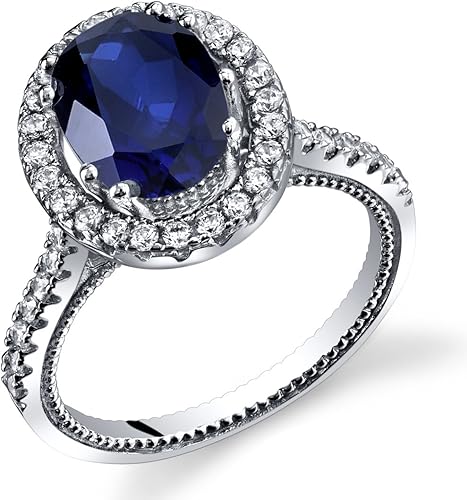 PEORA Anillo solitario con halo de zafiro azul creado para mujer, plata de ley 925, forma ovalada de 2.75 quilates, 0.354 x 0.276 in, tamaños 5 a 9